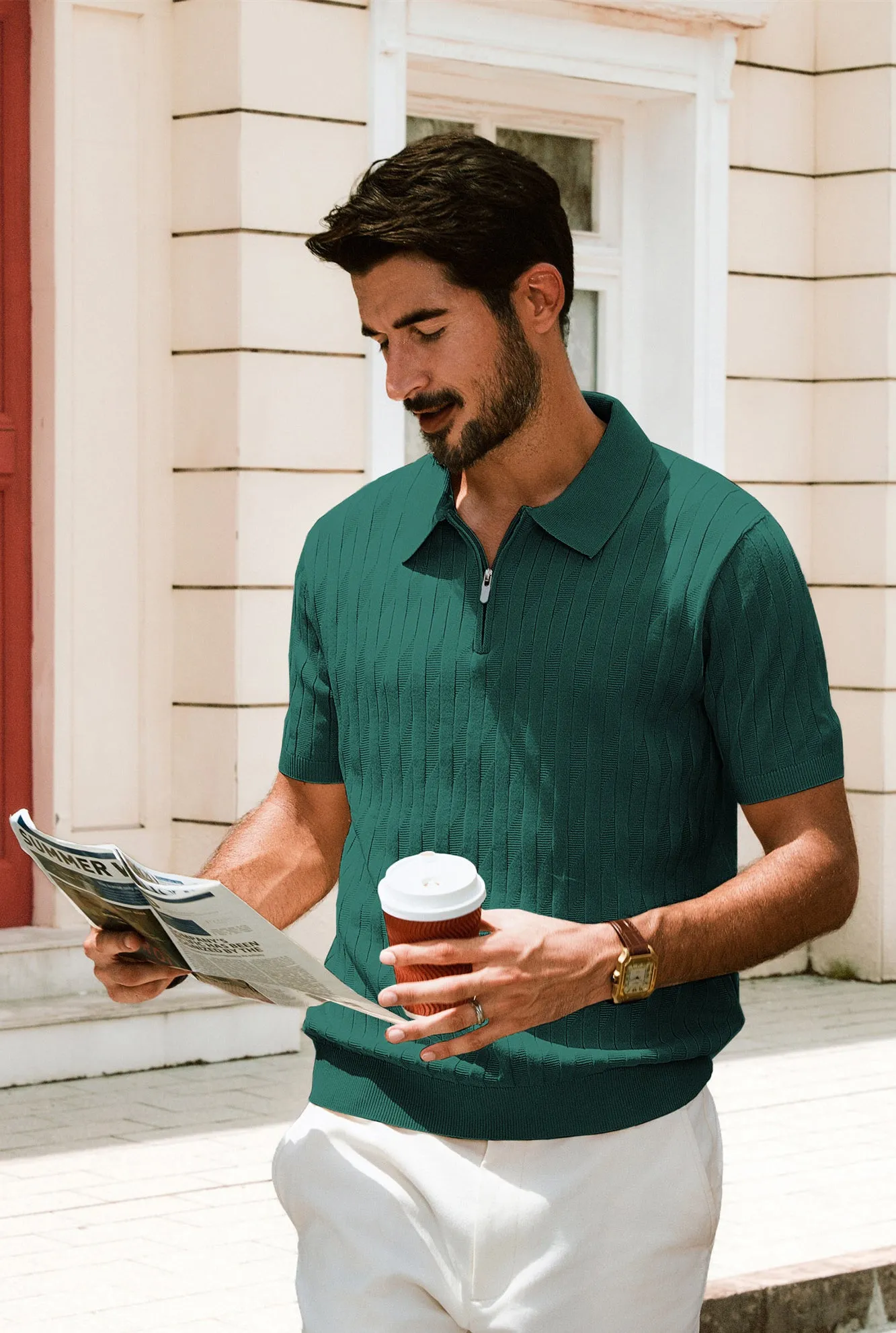 Men Textured Knitted Polo-Shirt Short Sleeve Lapel Collar Zip-up Neck Tops