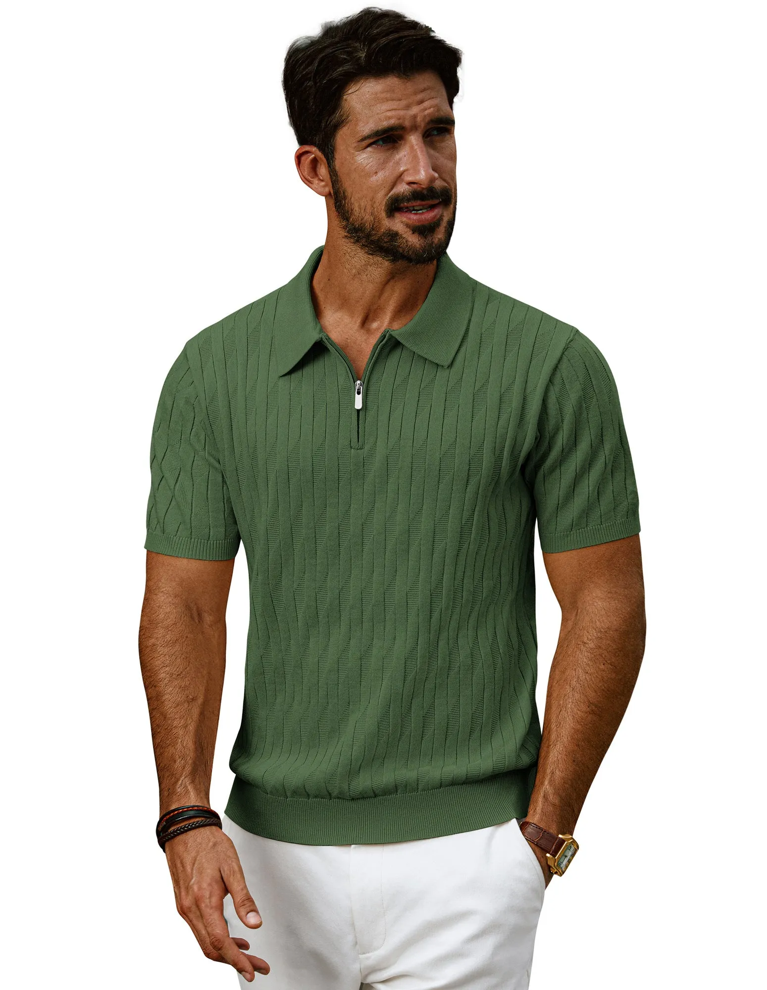 Men Textured Knitted Polo-Shirt Short Sleeve Lapel Collar Zip-up Neck Tops