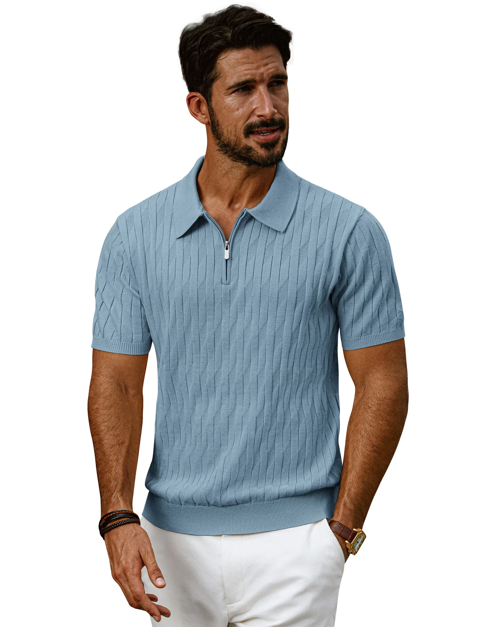 Men Textured Knitted Polo-Shirt Short Sleeve Lapel Collar Zip-up Neck Tops