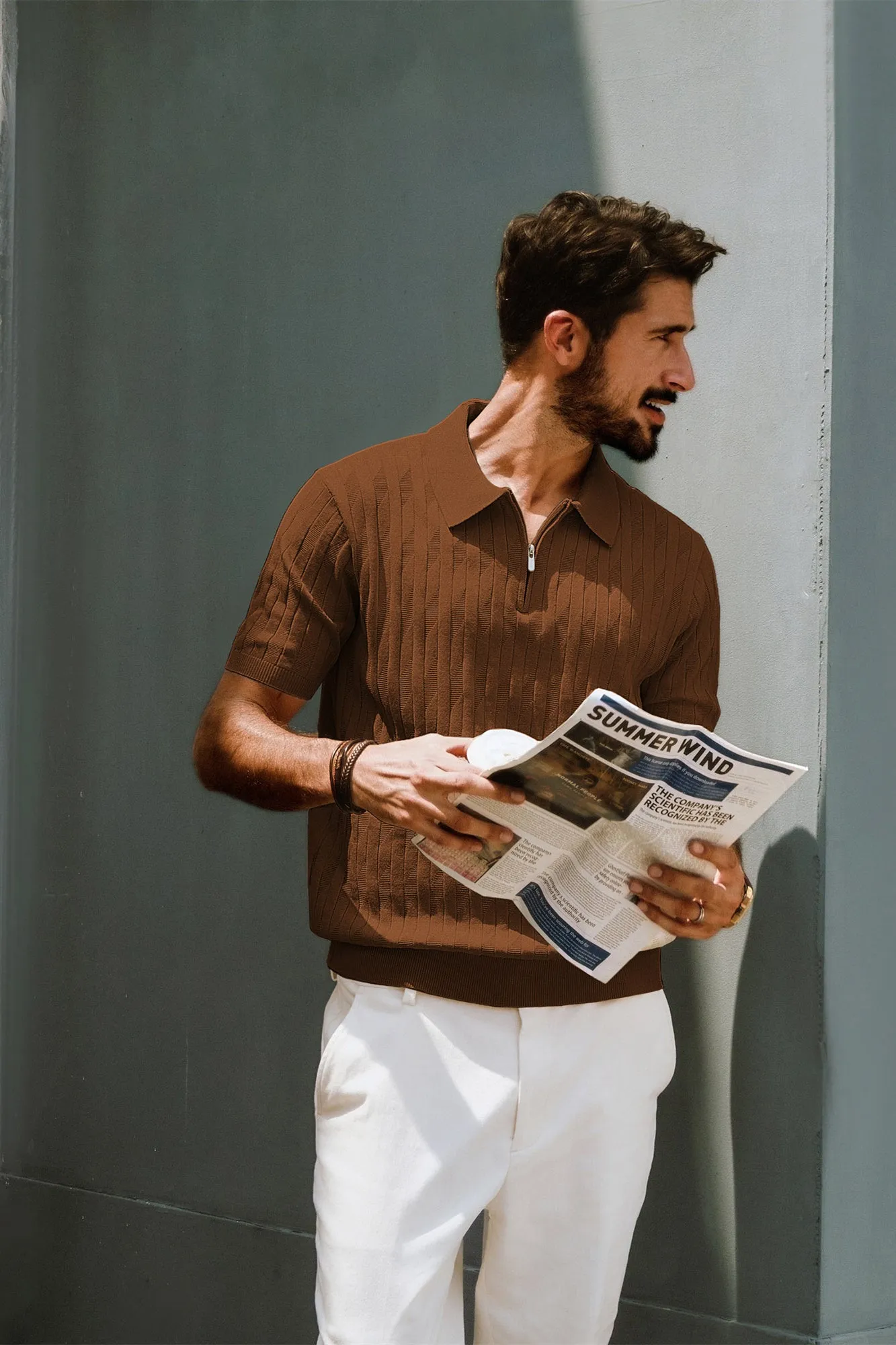 Men Textured Knitted Polo-Shirt Short Sleeve Lapel Collar Zip-up Neck Tops