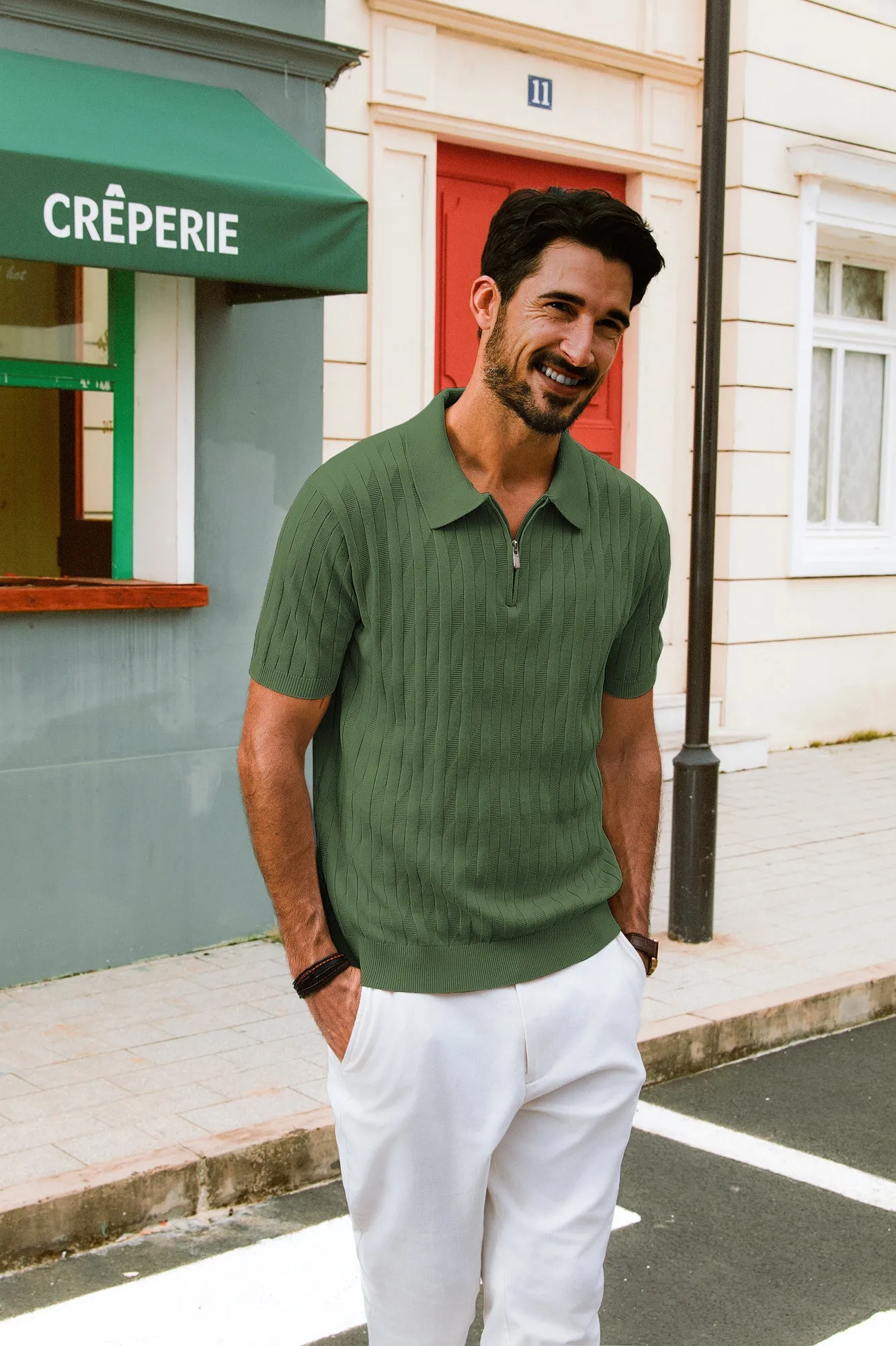 Men Textured Knitted Polo-Shirt Short Sleeve Lapel Collar Zip-up Neck Tops