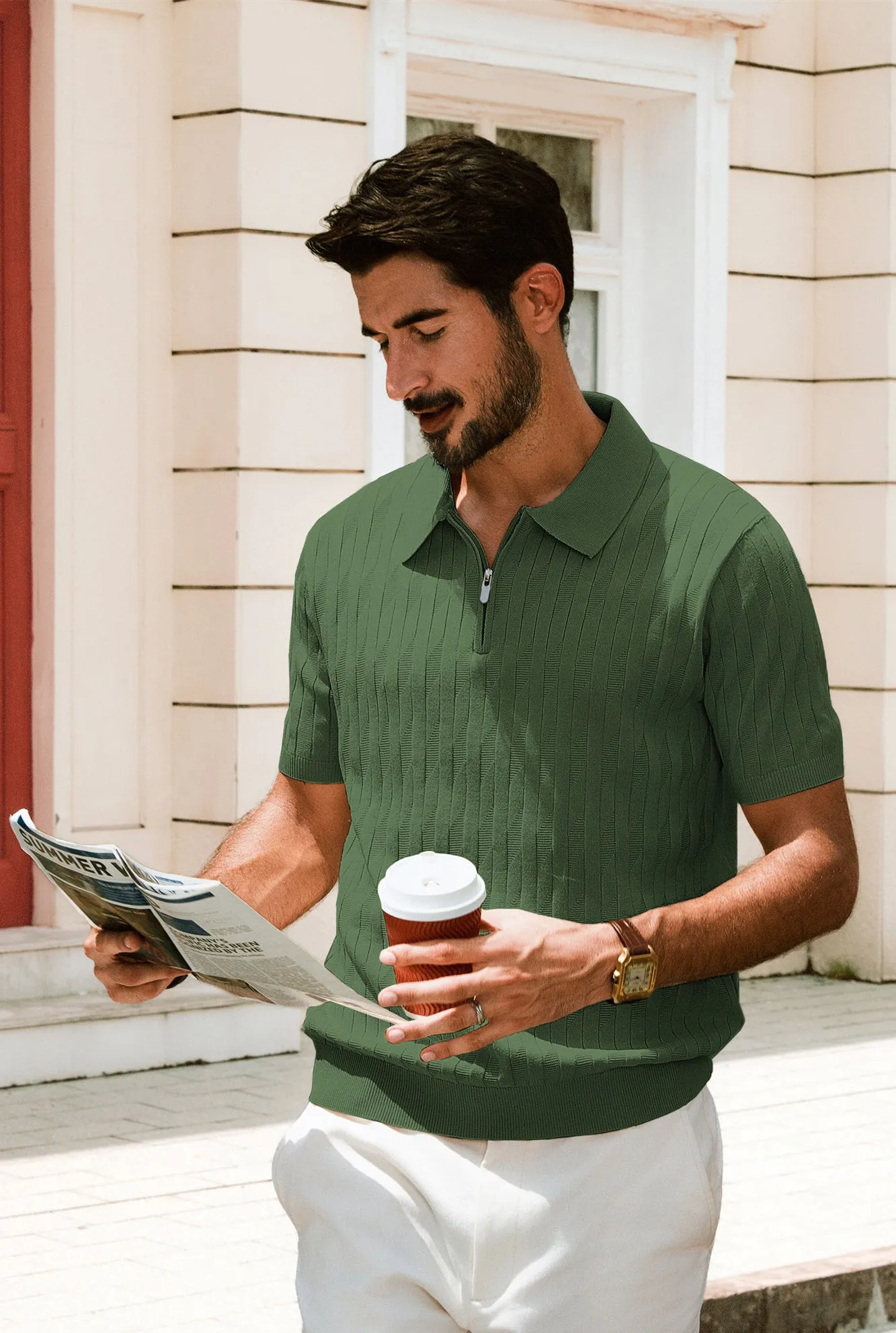Men Textured Knitted Polo-Shirt Short Sleeve Lapel Collar Zip-up Neck Tops