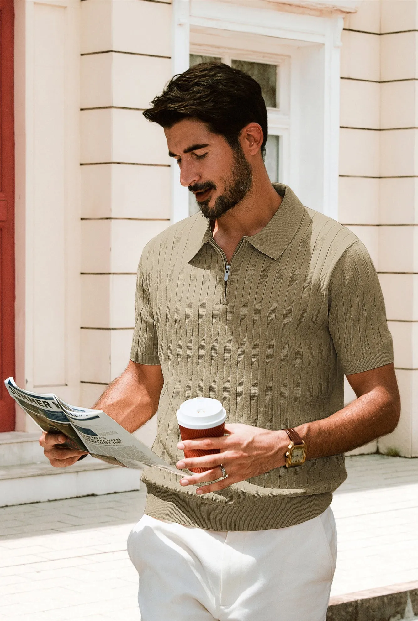 Men Textured Knitted Polo-Shirt Short Sleeve Lapel Collar Zip-up Neck Tops