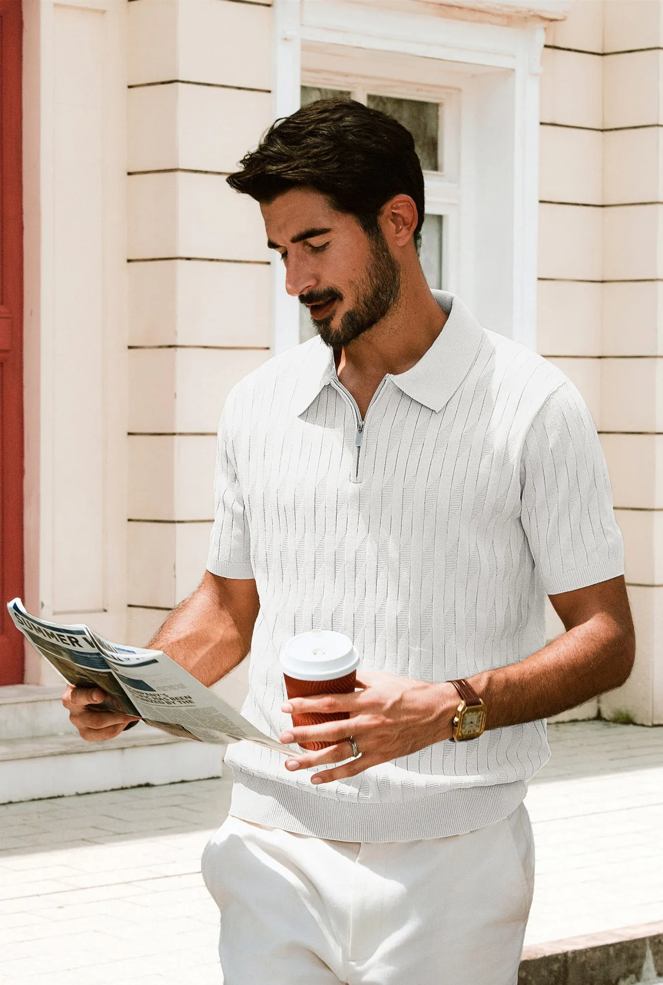 Men Textured Knitted Polo-Shirt Short Sleeve Lapel Collar Zip-up Neck Tops