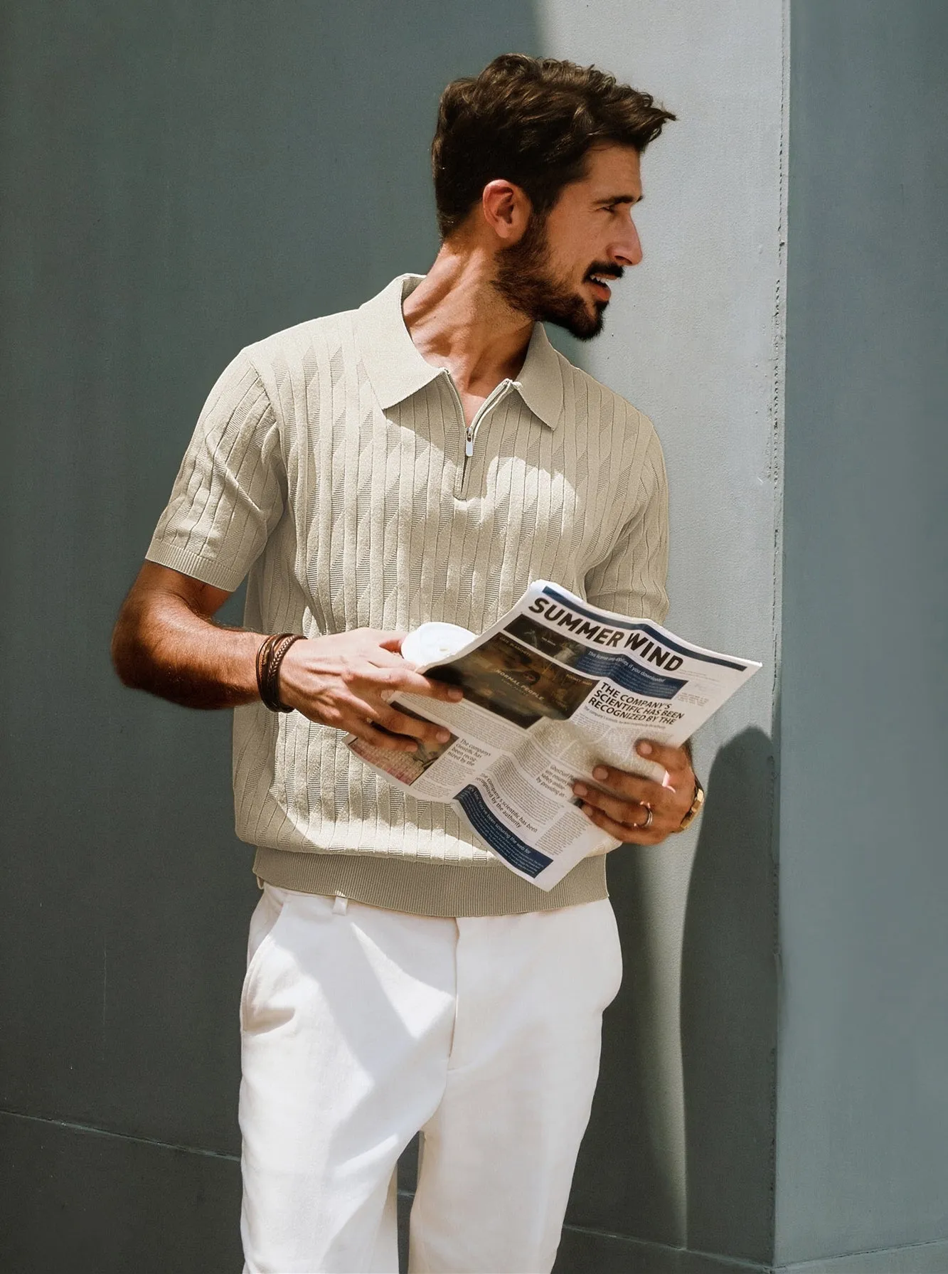 Men Textured Knitted Polo-Shirt Short Sleeve Lapel Collar Zip-up Neck Tops