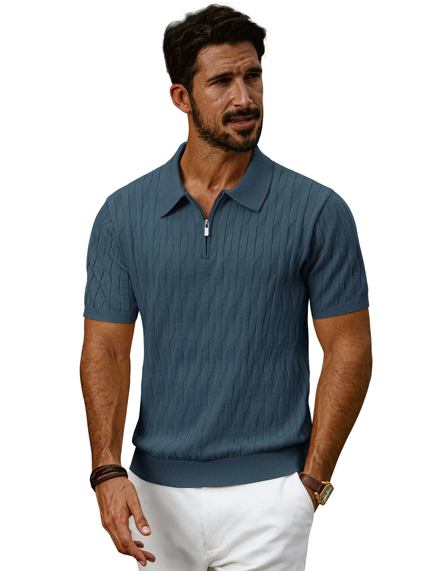 Men Textured Knitted Polo-Shirt Short Sleeve Lapel Collar Zip-up Neck Tops