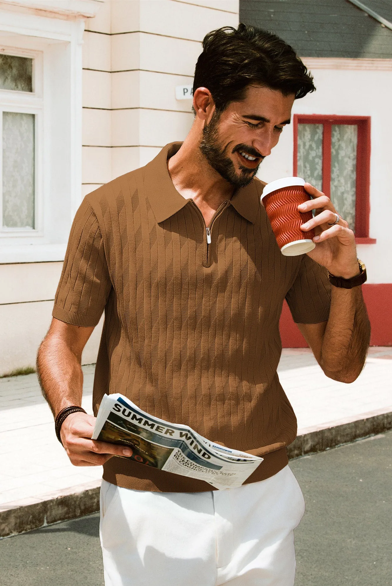 Men Textured Knitted Polo-Shirt Short Sleeve Lapel Collar Zip-up Neck Tops