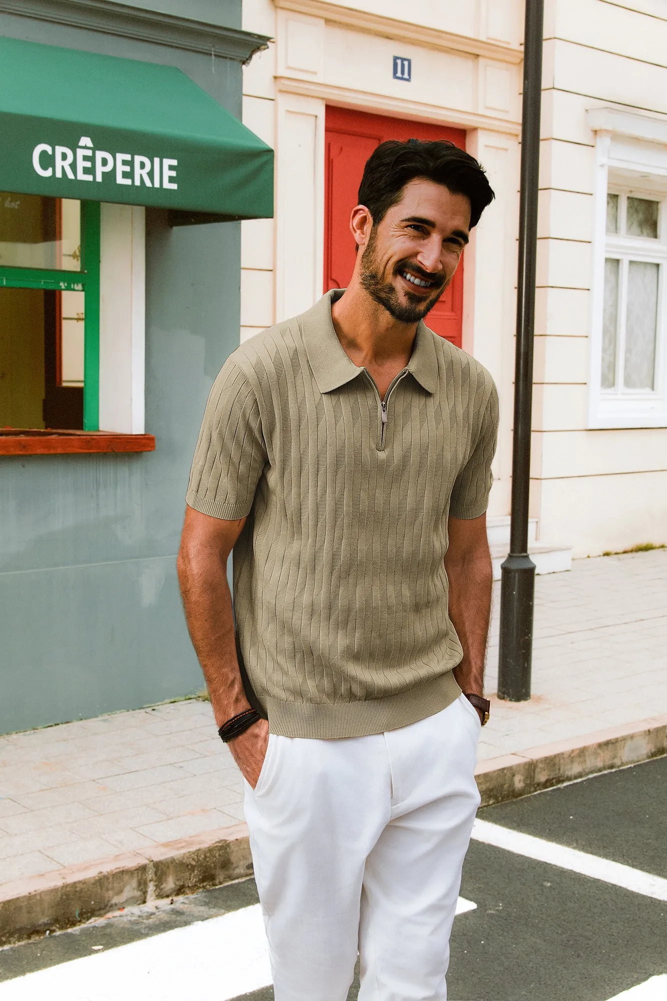 Men Textured Knitted Polo-Shirt Short Sleeve Lapel Collar Zip-up Neck Tops