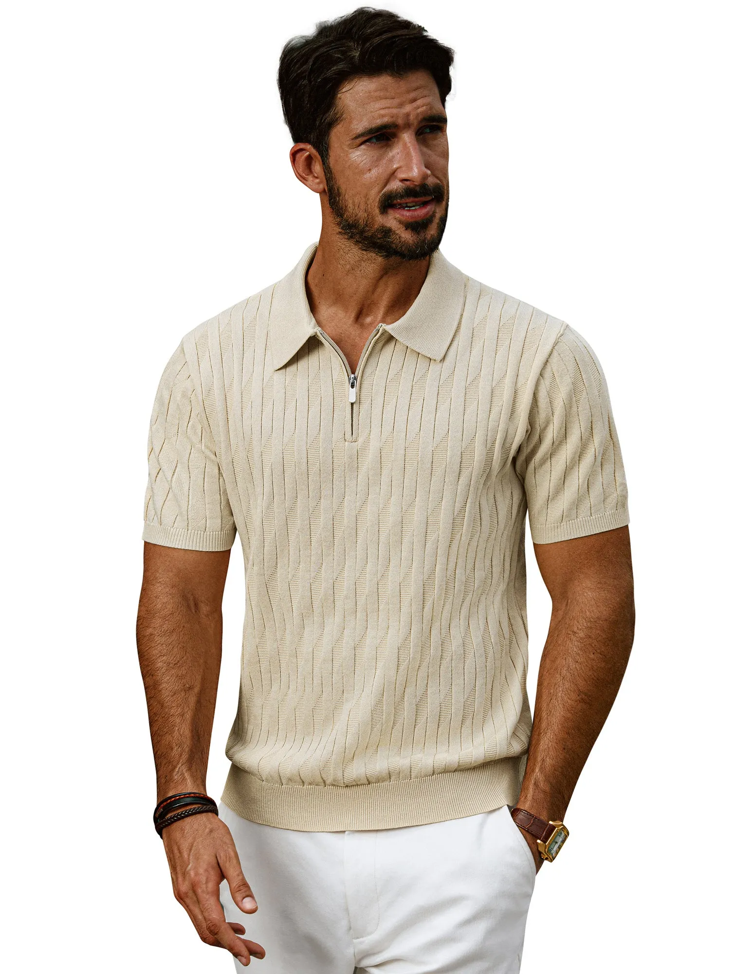 Men Textured Knitted Polo-Shirt Short Sleeve Lapel Collar Zip-up Neck Tops