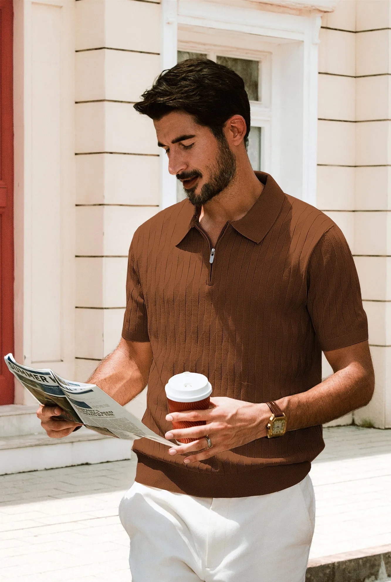 Men Textured Knitted Polo-Shirt Short Sleeve Lapel Collar Zip-up Neck Tops