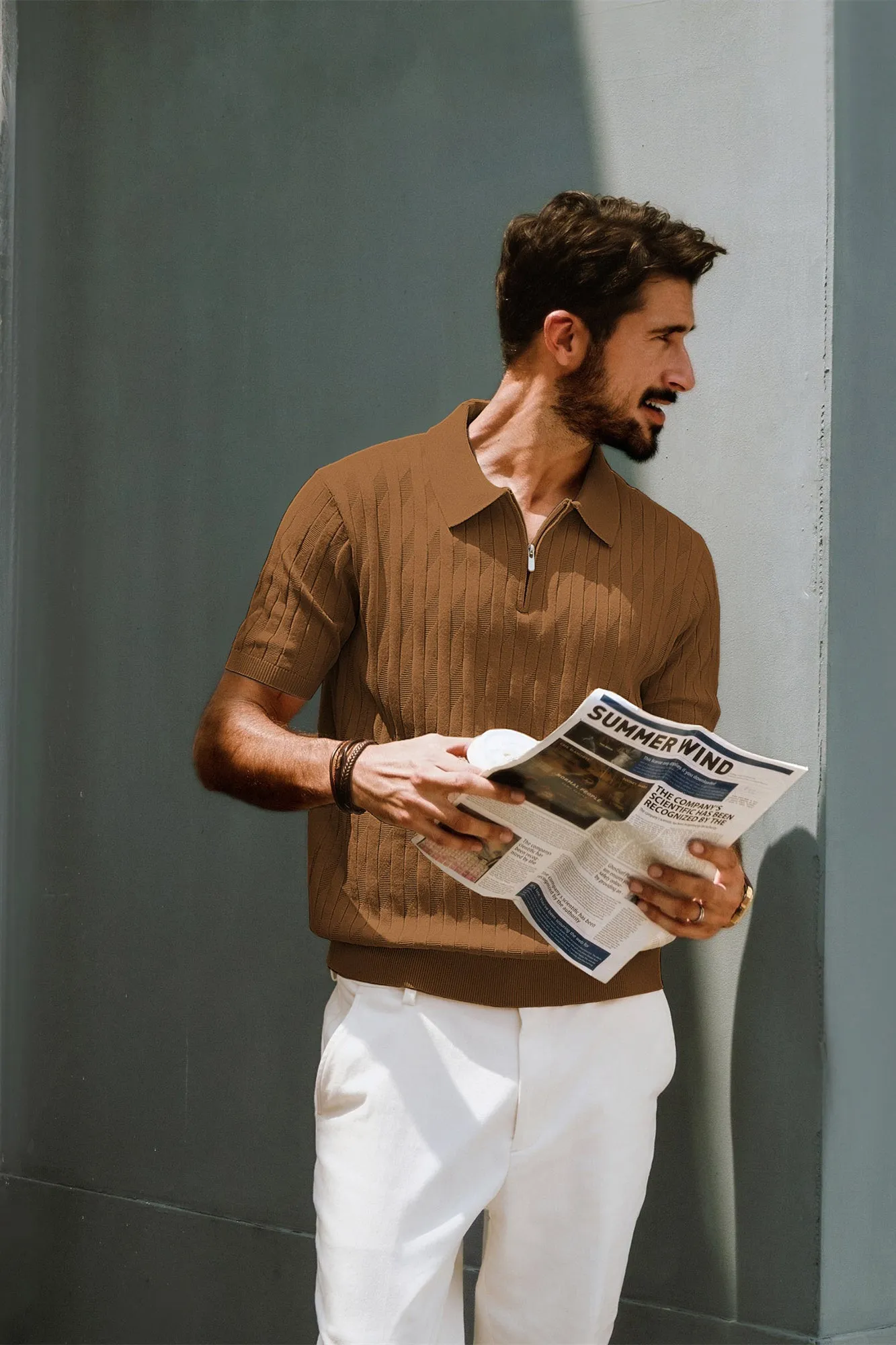 Men Textured Knitted Polo-Shirt Short Sleeve Lapel Collar Zip-up Neck Tops