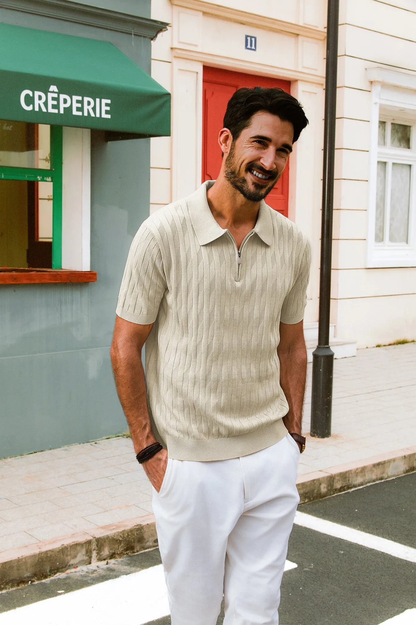 Men Textured Knitted Polo-Shirt Short Sleeve Lapel Collar Zip-up Neck Tops