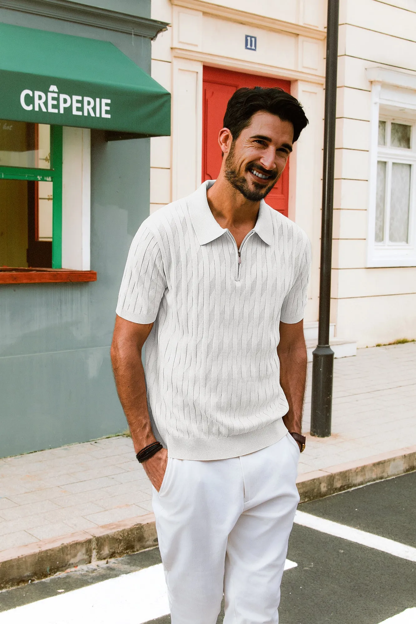 Men Textured Knitted Polo-Shirt Short Sleeve Lapel Collar Zip-up Neck Tops