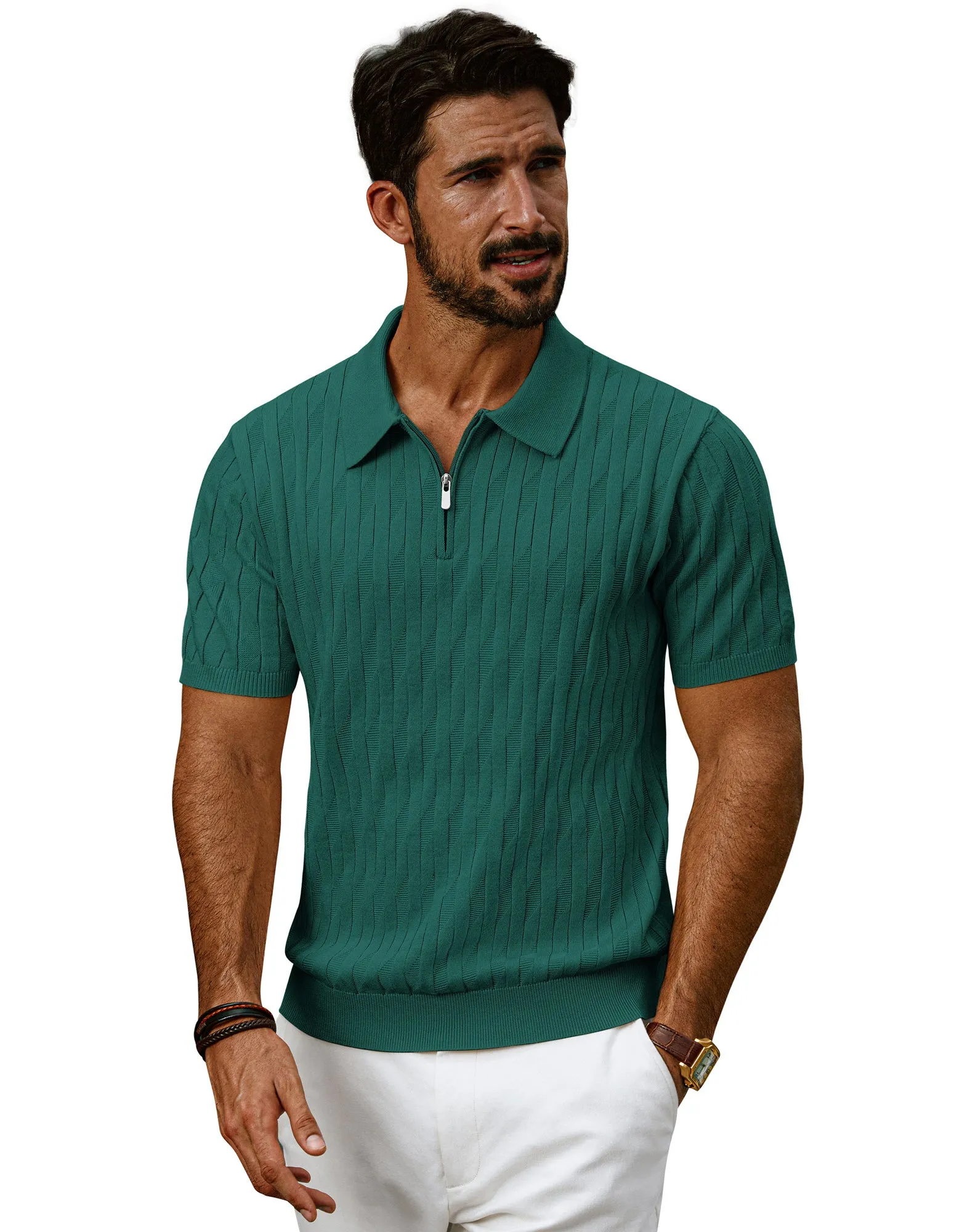 Men Textured Knitted Polo-Shirt Short Sleeve Lapel Collar Zip-up Neck Tops