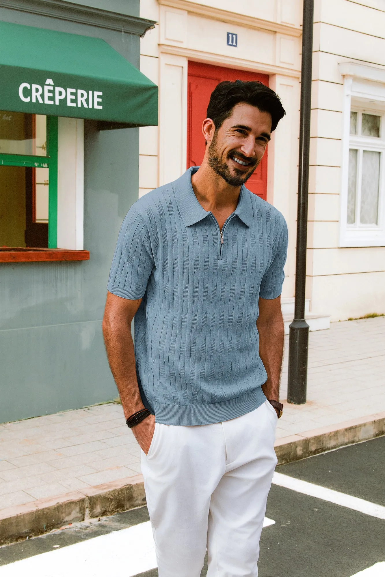 Men Textured Knitted Polo-Shirt Short Sleeve Lapel Collar Zip-up Neck Tops