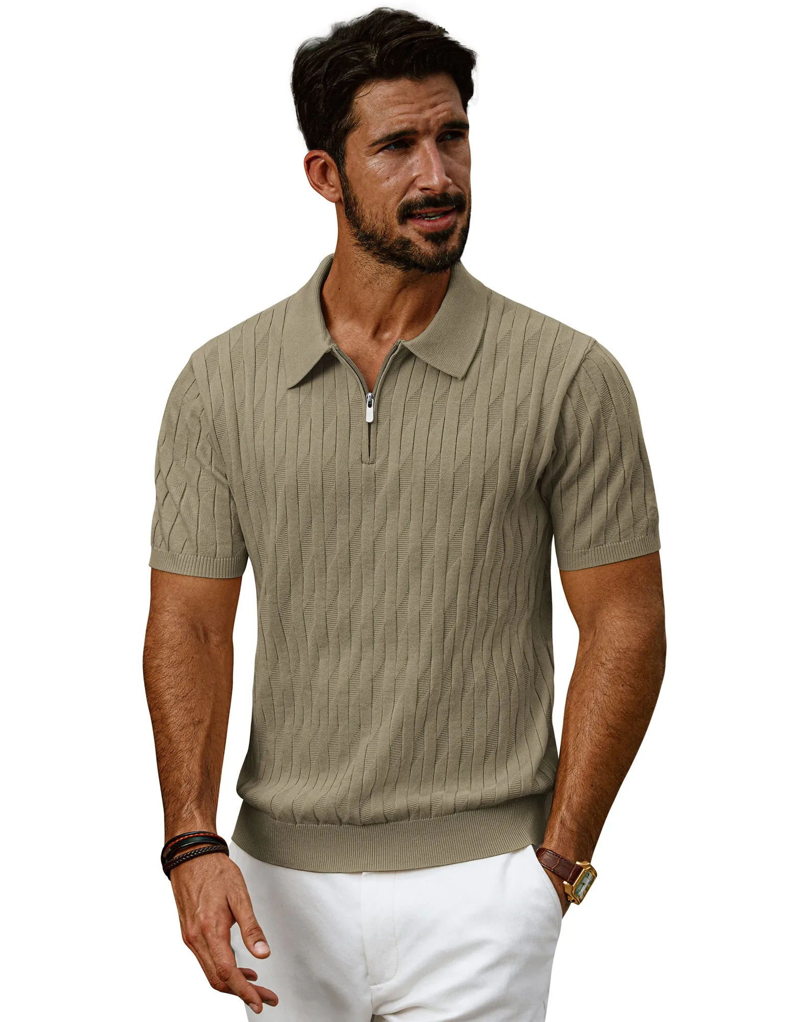 Men Textured Knitted Polo-Shirt Short Sleeve Lapel Collar Zip-up Neck Tops