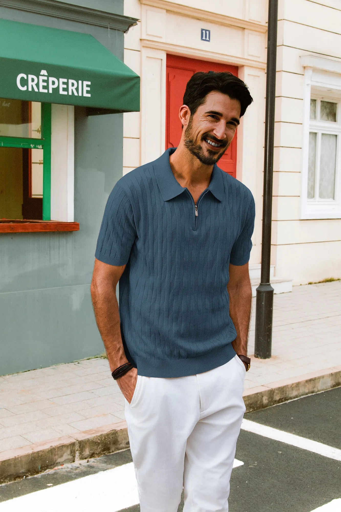 Men Textured Knitted Polo-Shirt Short Sleeve Lapel Collar Zip-up Neck Tops