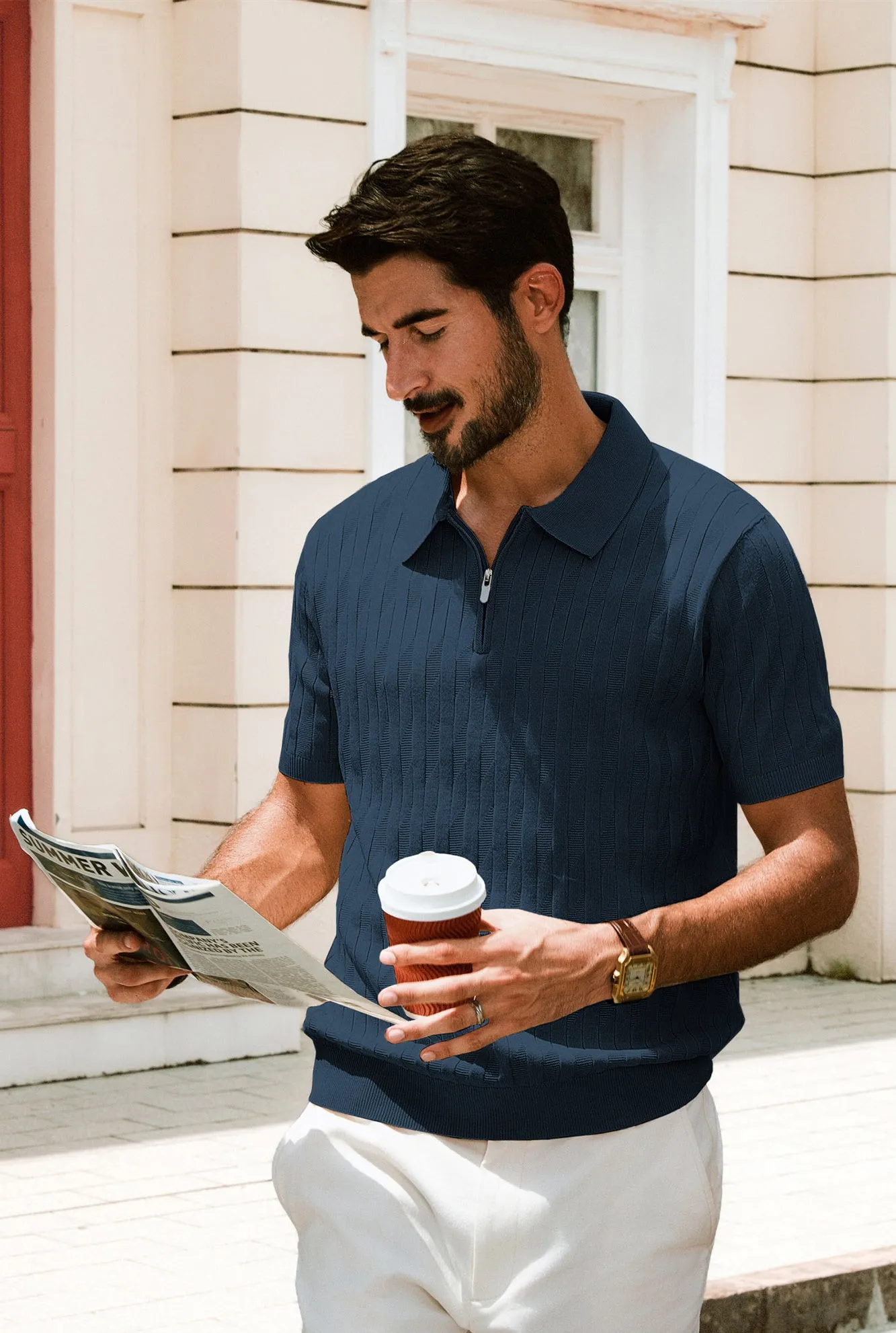 Men Textured Knitted Polo-Shirt Short Sleeve Lapel Collar Zip-up Neck Tops