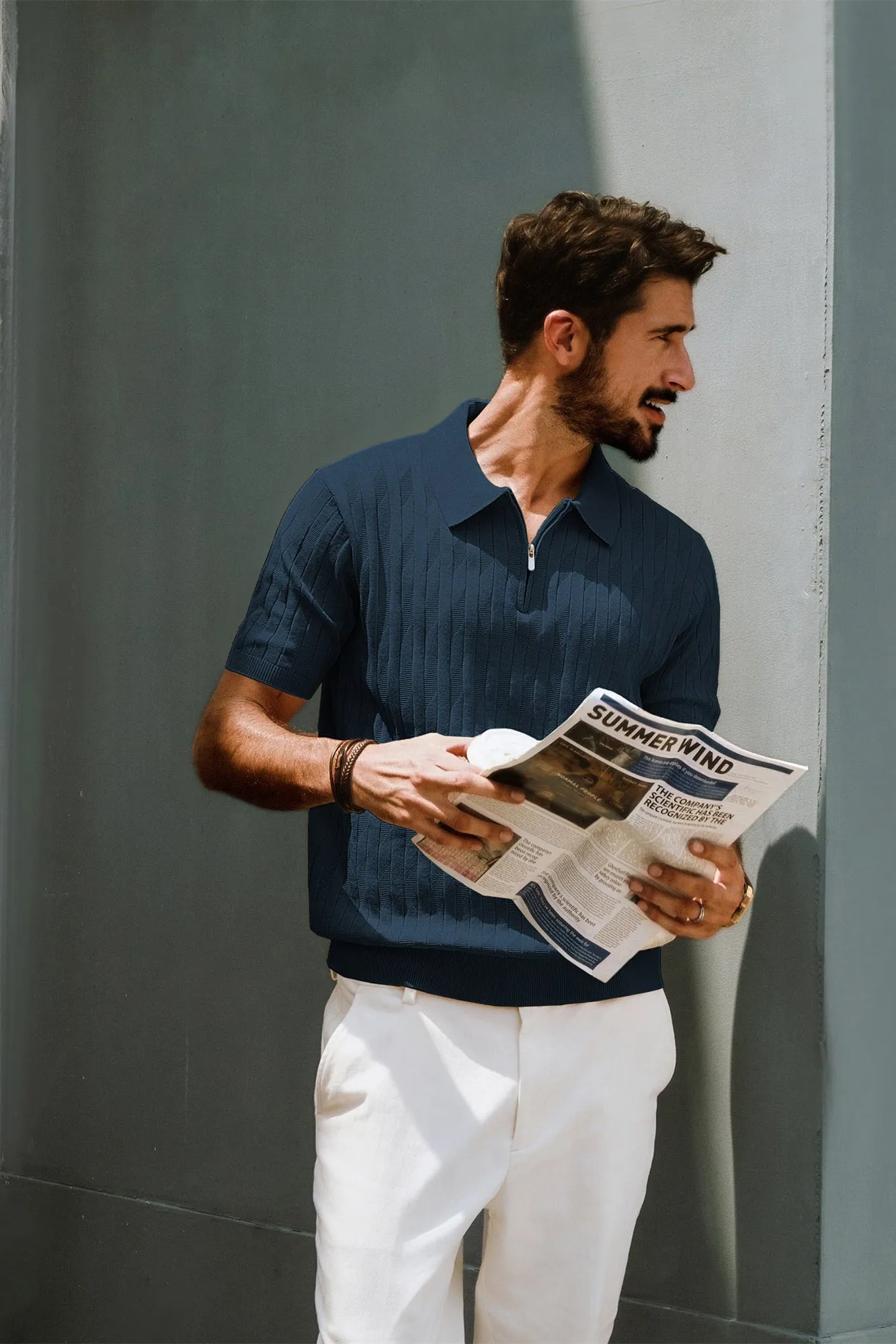 Men Textured Knitted Polo-Shirt Short Sleeve Lapel Collar Zip-up Neck Tops