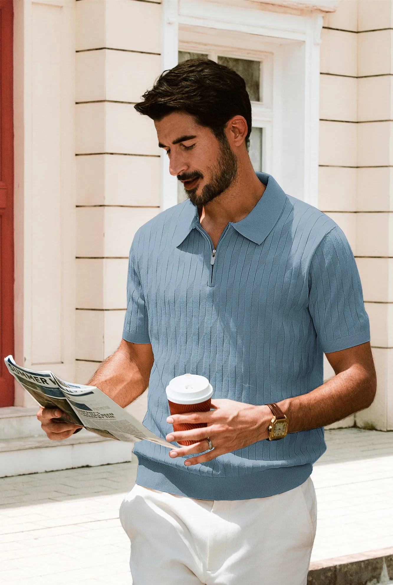 Men Textured Knitted Polo-Shirt Short Sleeve Lapel Collar Zip-up Neck Tops