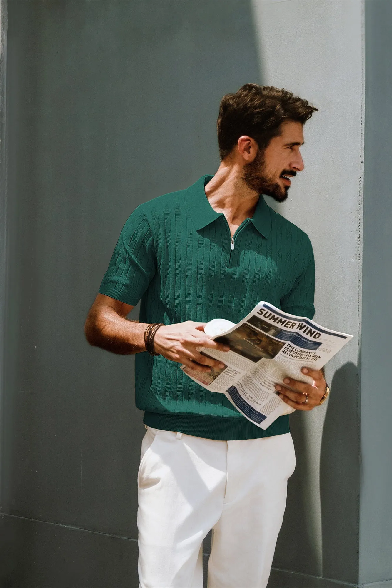 Men Textured Knitted Polo-Shirt Short Sleeve Lapel Collar Zip-up Neck Tops