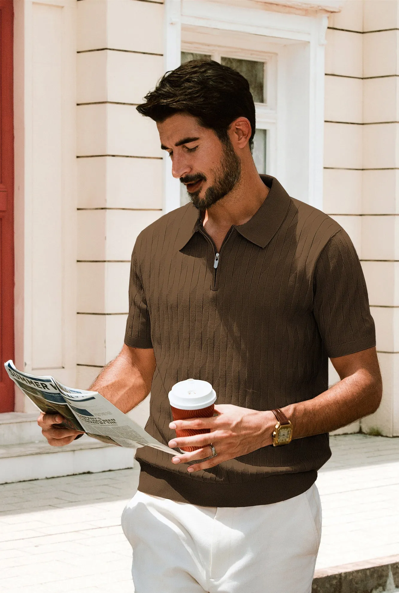 Men Textured Knitted Polo-Shirt Short Sleeve Lapel Collar Zip-up Neck Tops