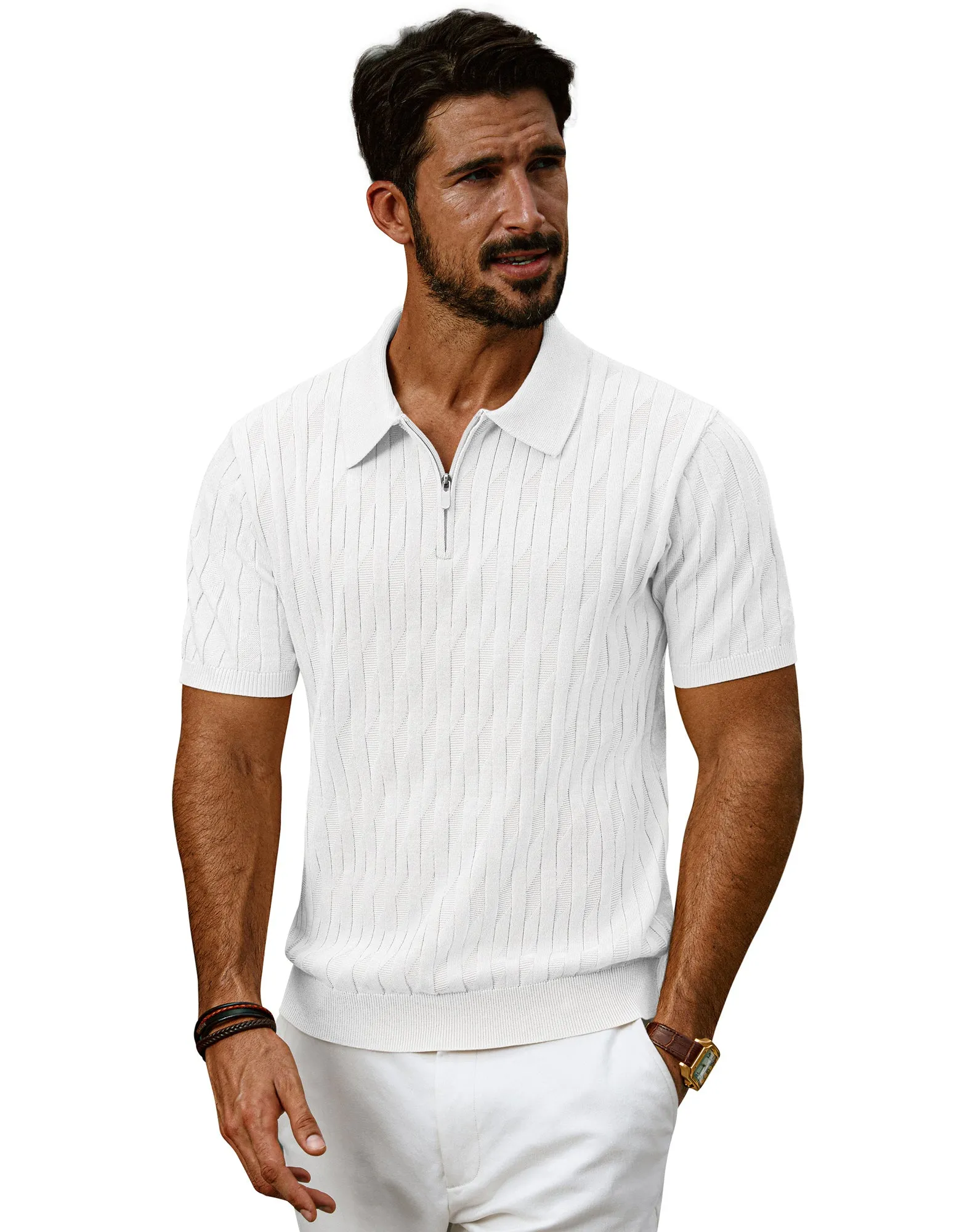 Men Textured Knitted Polo-Shirt Short Sleeve Lapel Collar Zip-up Neck Tops