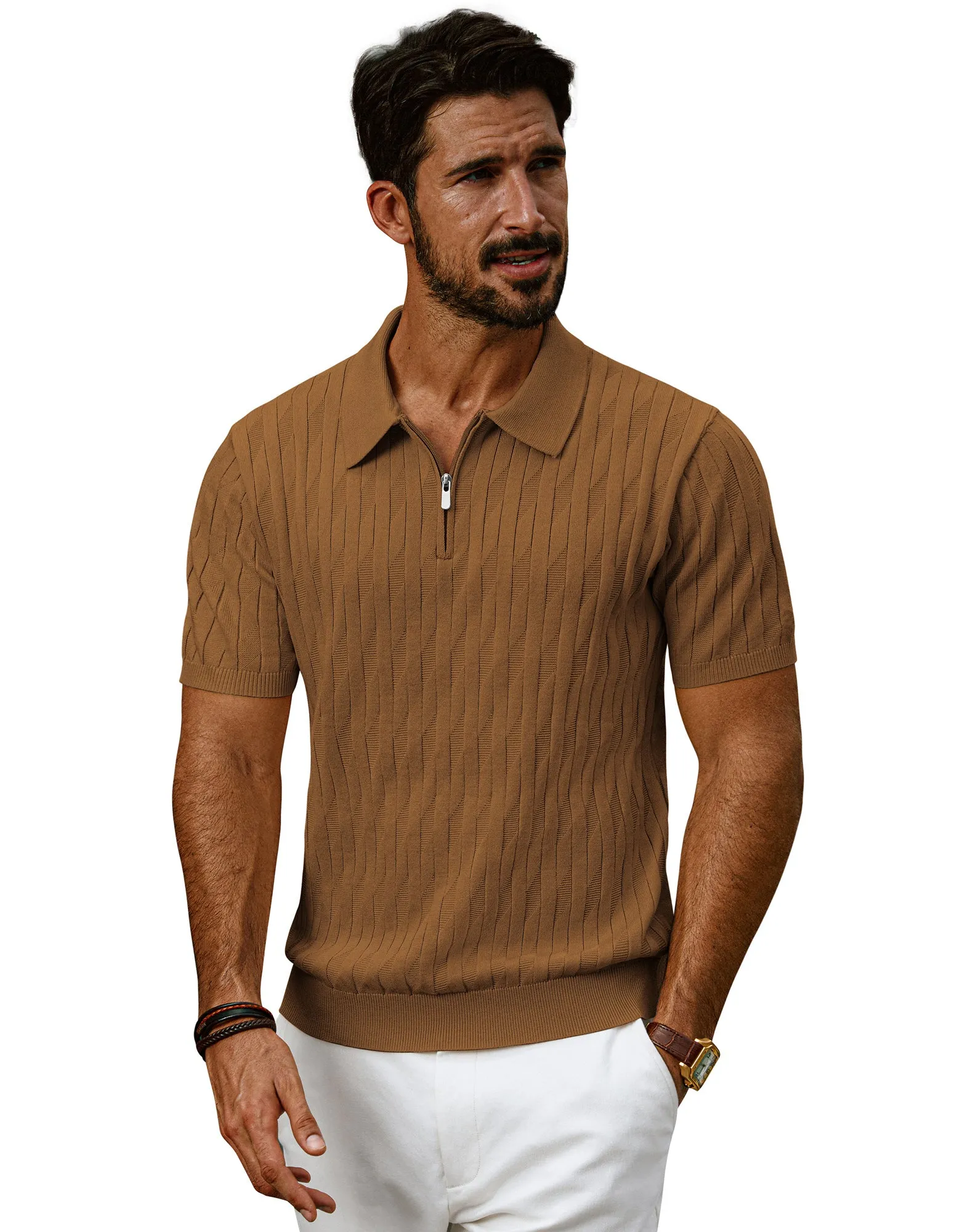 Men Textured Knitted Polo-Shirt Short Sleeve Lapel Collar Zip-up Neck Tops