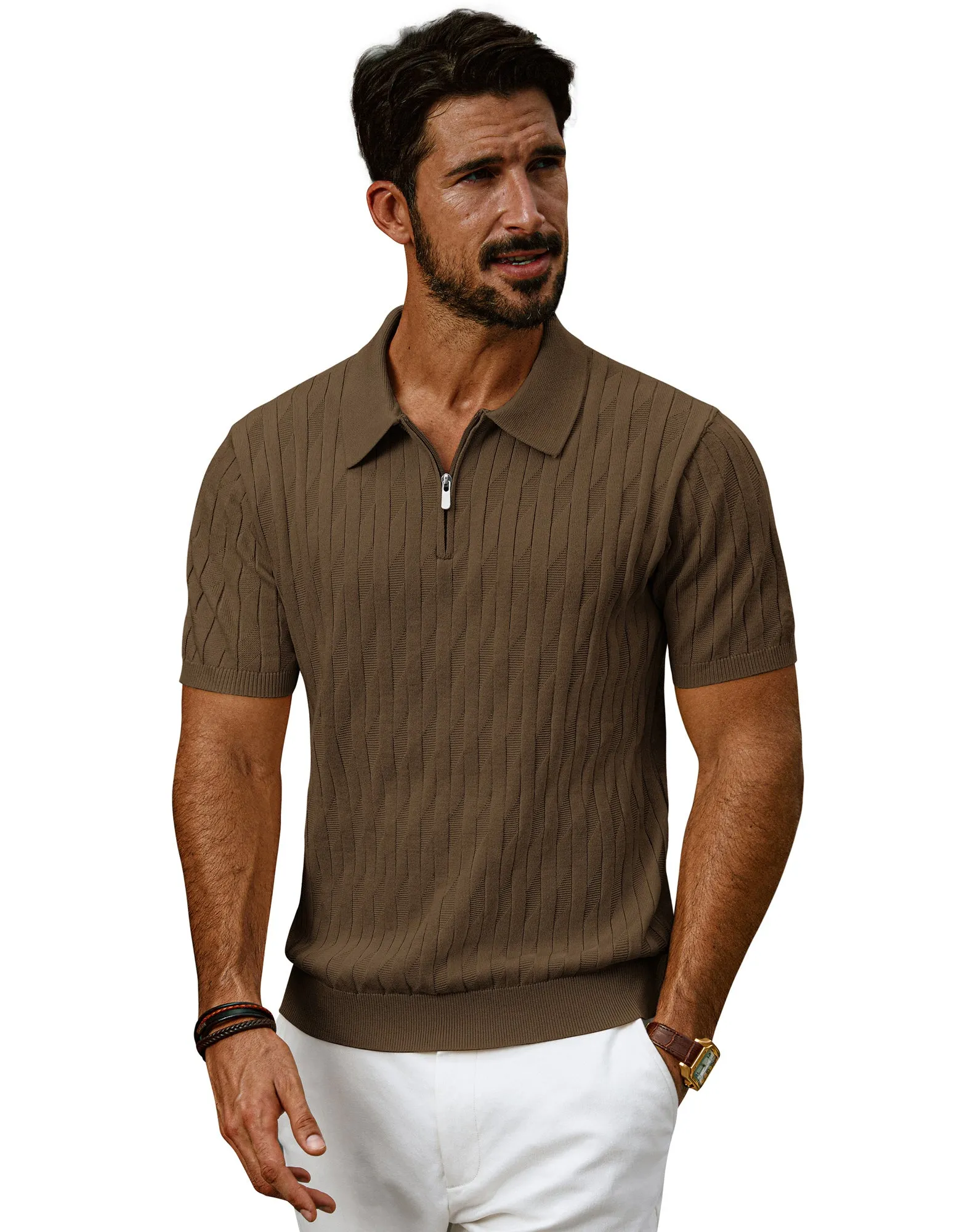 Men Textured Knitted Polo-Shirt Short Sleeve Lapel Collar Zip-up Neck Tops