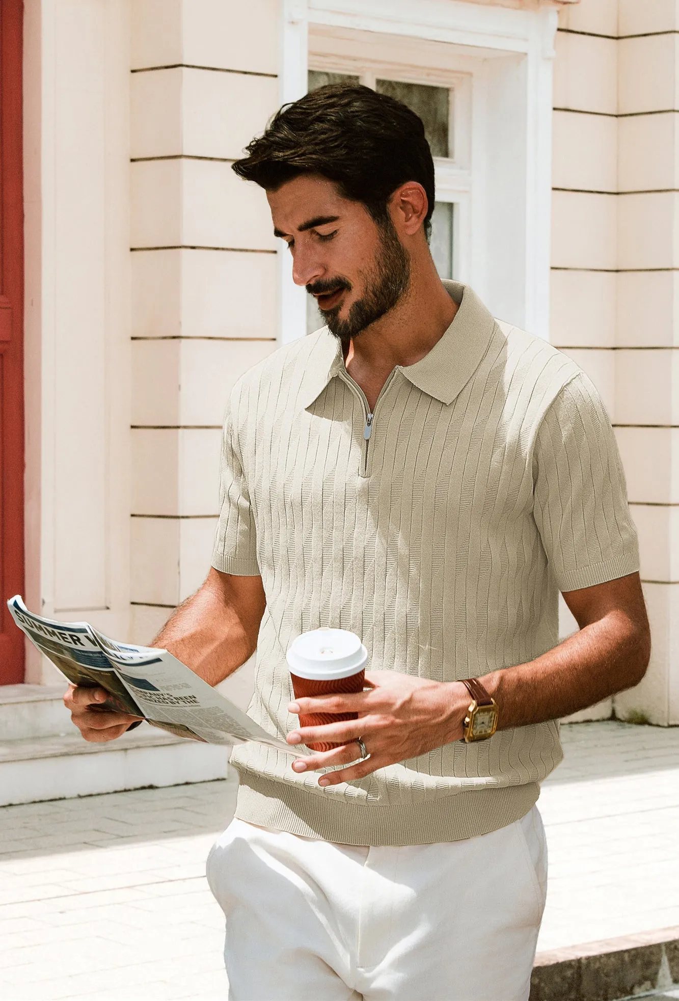 Men Textured Knitted Polo-Shirt Short Sleeve Lapel Collar Zip-up Neck Tops