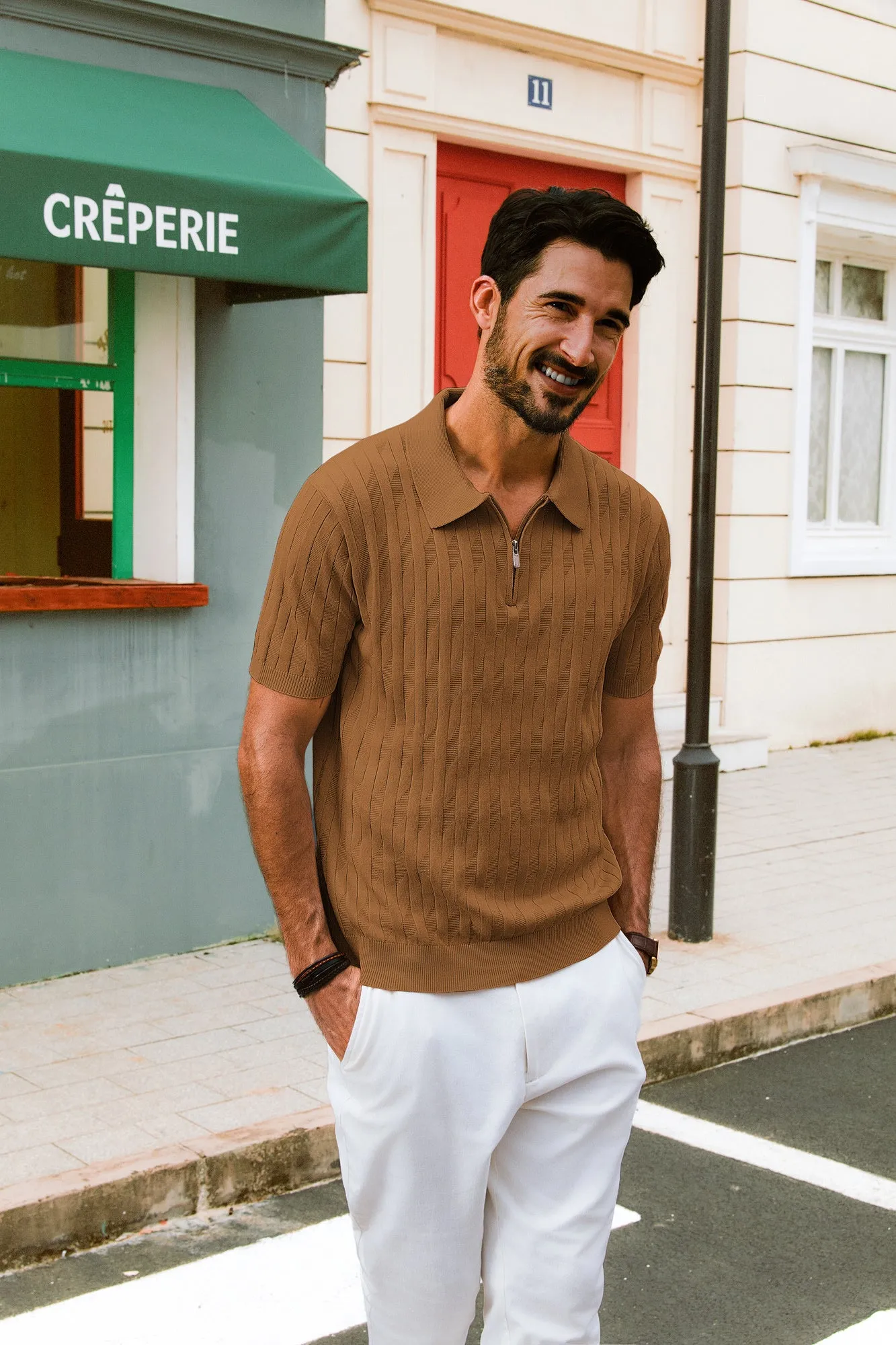 Men Textured Knitted Polo-Shirt Short Sleeve Lapel Collar Zip-up Neck Tops