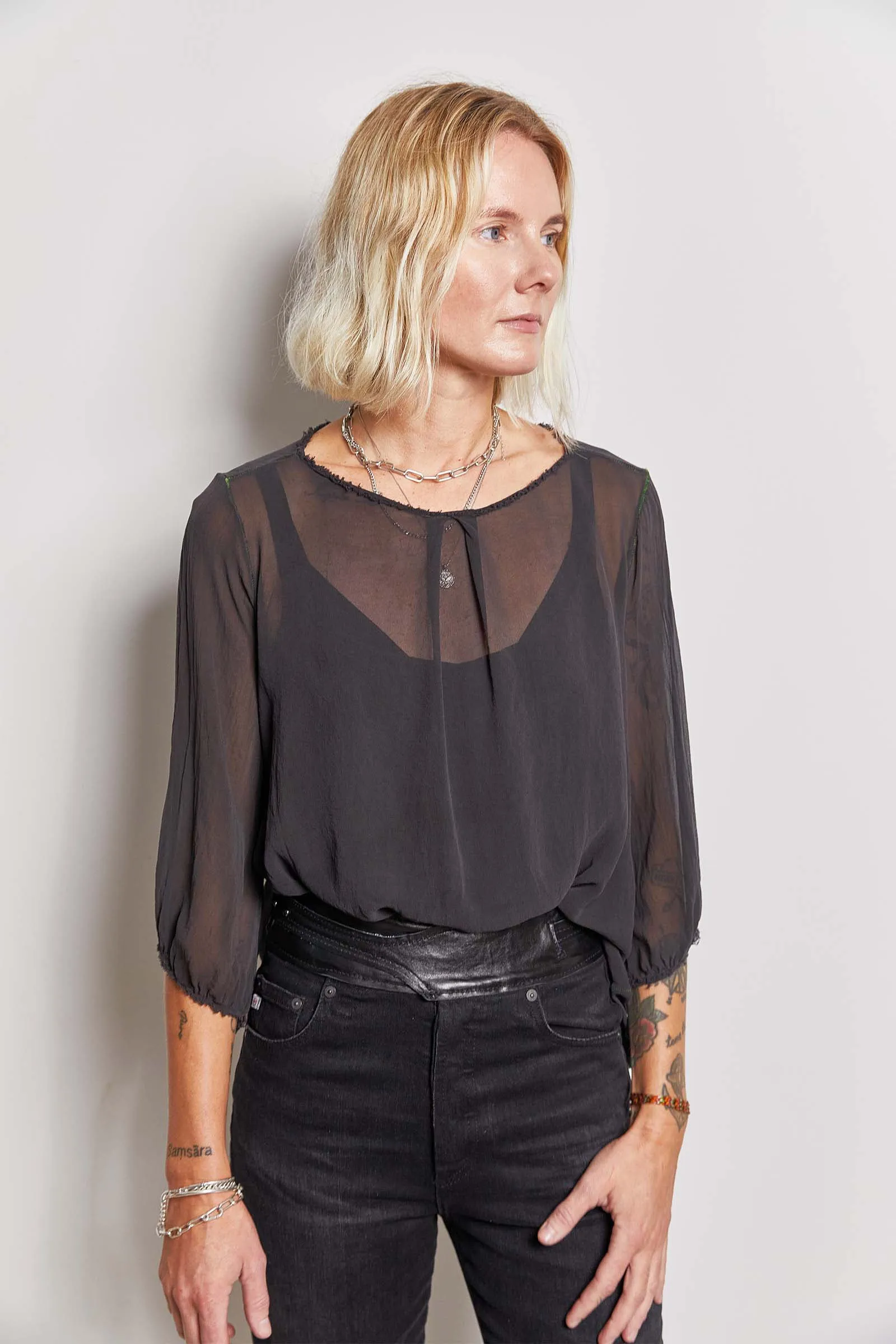 olive over-dyed silk top