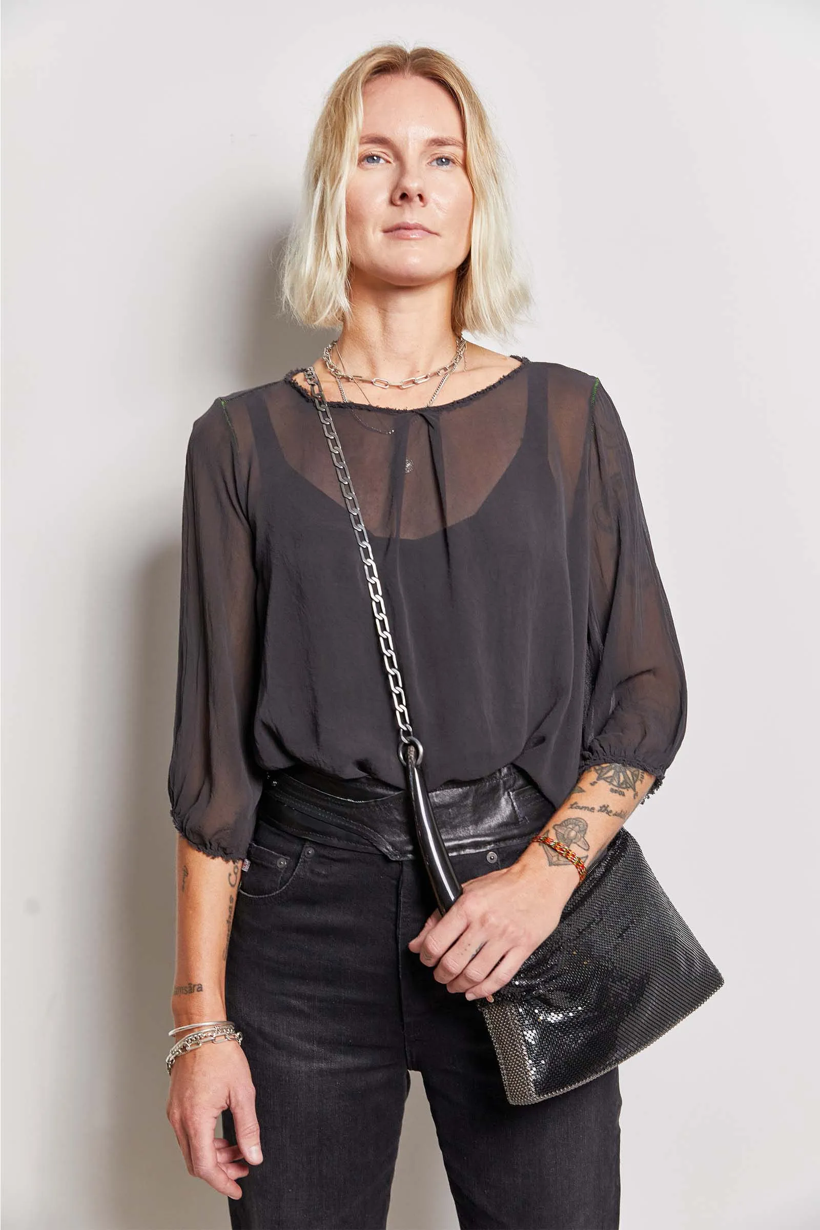 olive over-dyed silk top