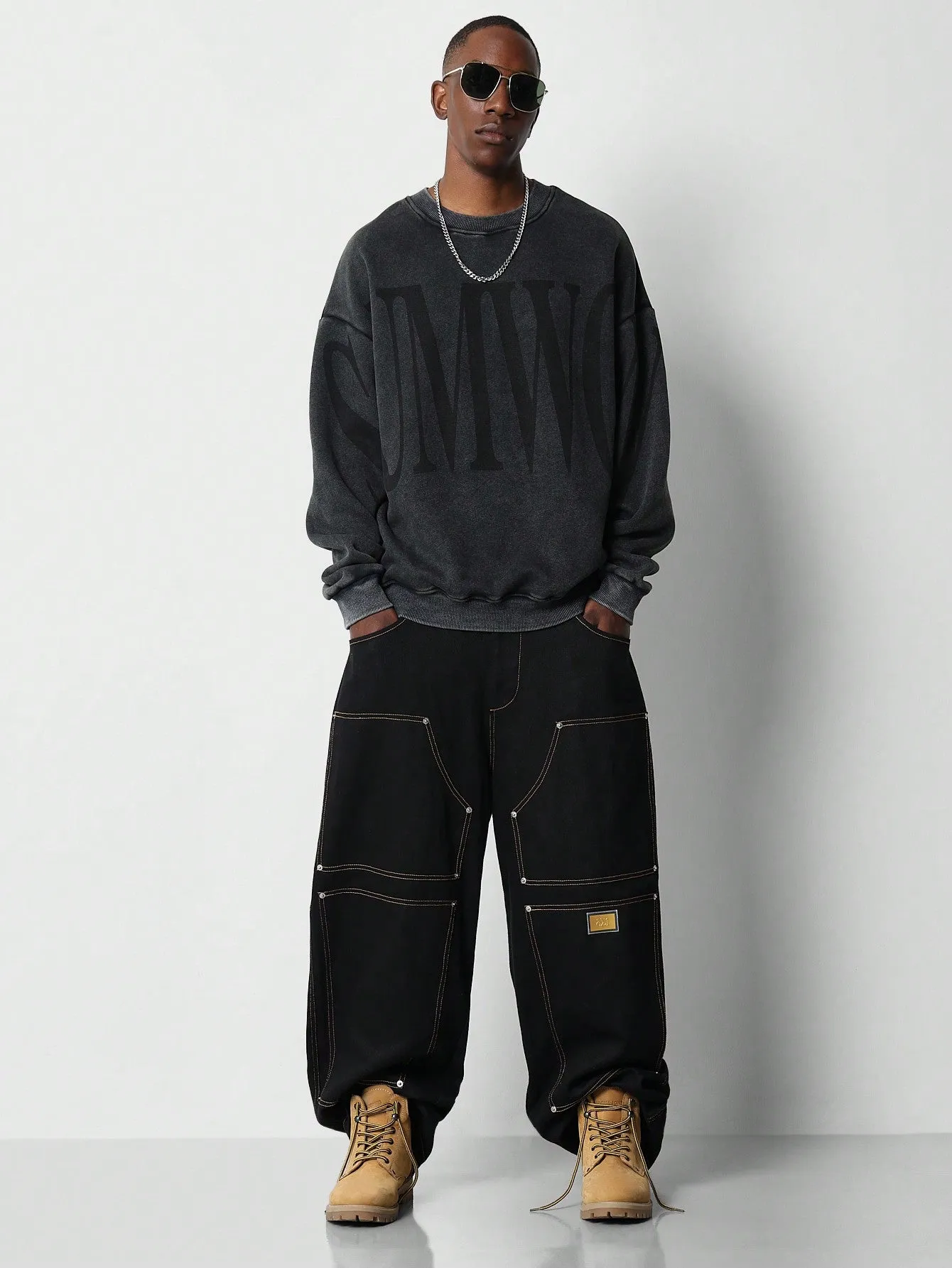 Oversized Fit Drop Shoulder Washed Sweatshirt With Print