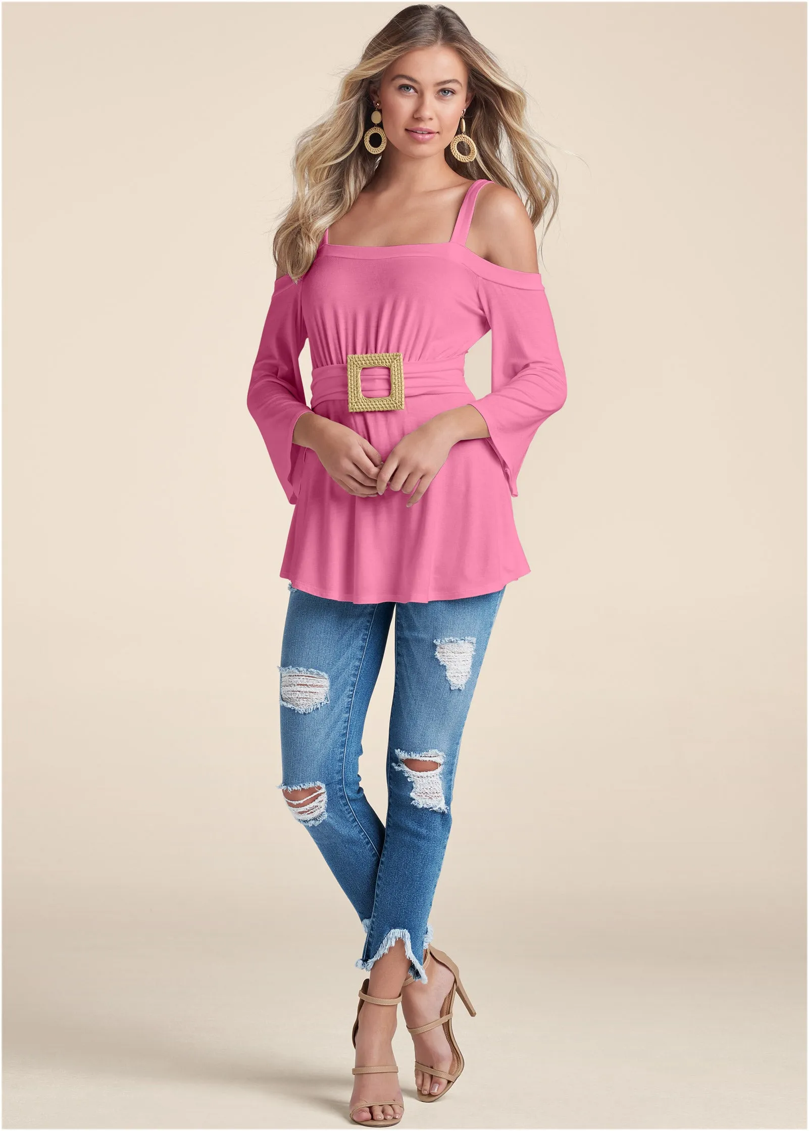Raffia Belted Cold Shoulder Top - Pink