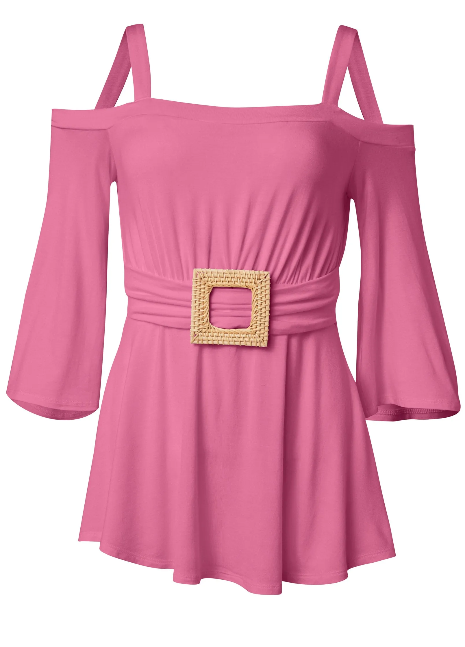 Raffia Belted Cold Shoulder Top - Pink