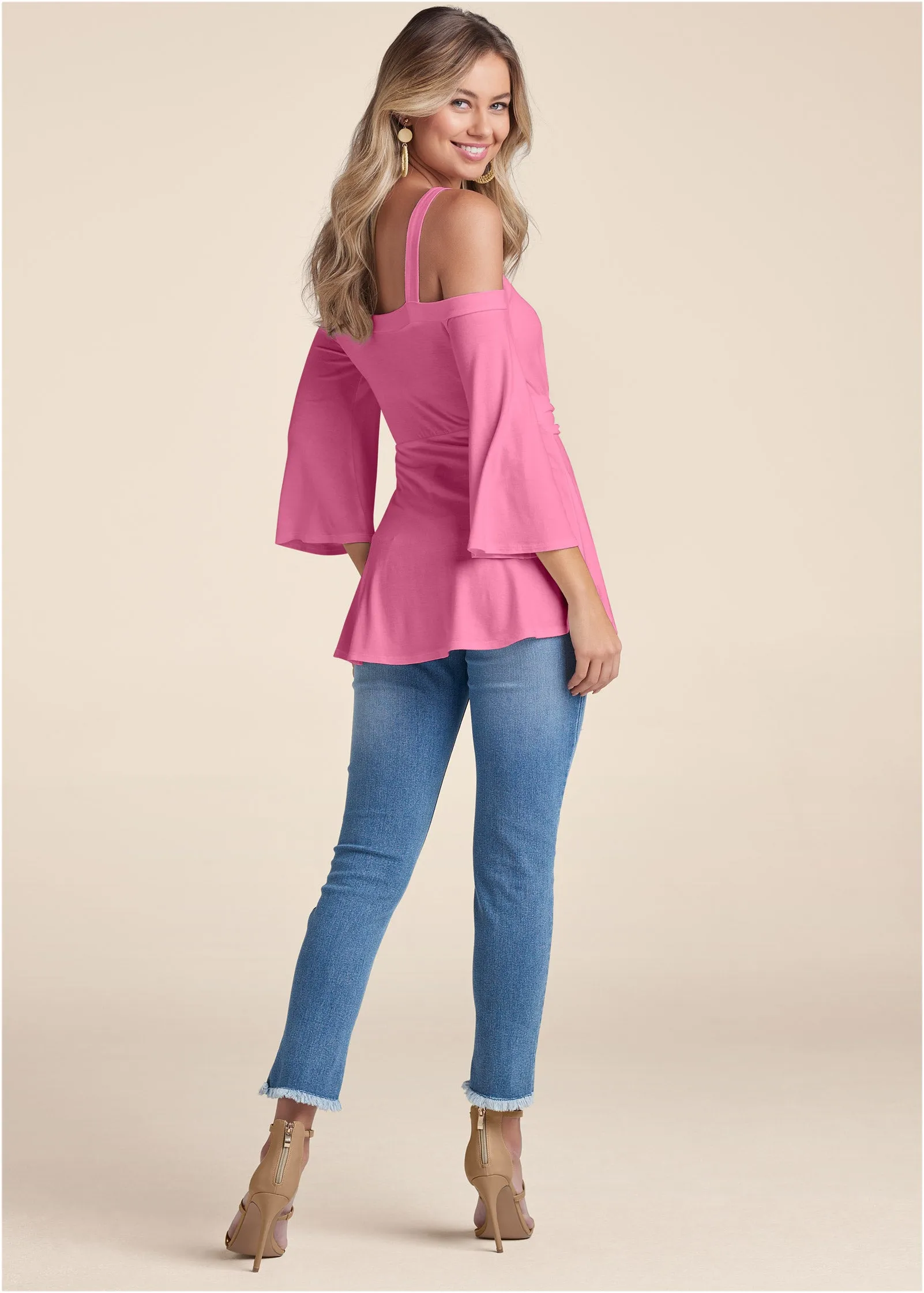 Raffia Belted Cold Shoulder Top - Pink