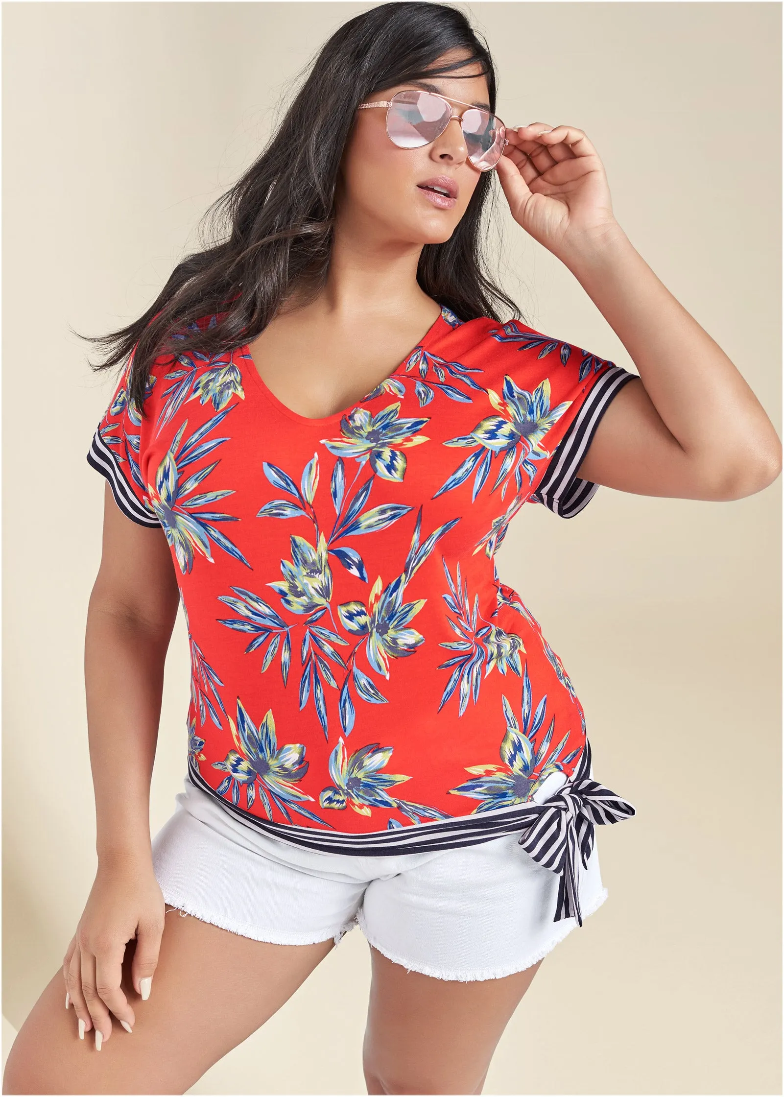 Tie Detail Printed Top - Orange Multi