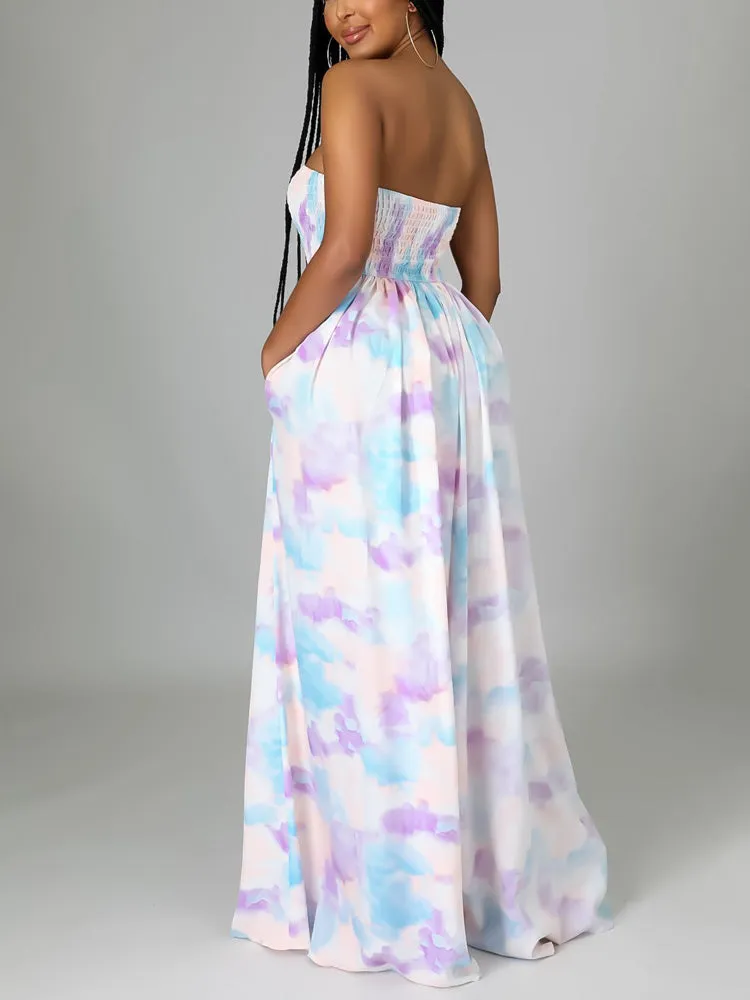 Tie Dye Split Trendy Joint Fold Dresses