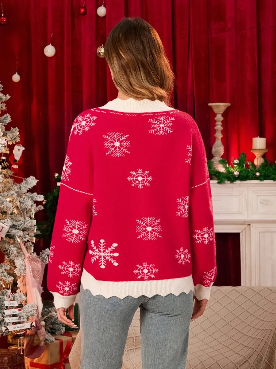 Toleet-Christmas Snowflake Sweaters Bow Plush Ball Drop Shoulder Long Sleeve V-Neck Ribbed Knitted Pullovers Tops Women's Jumpers