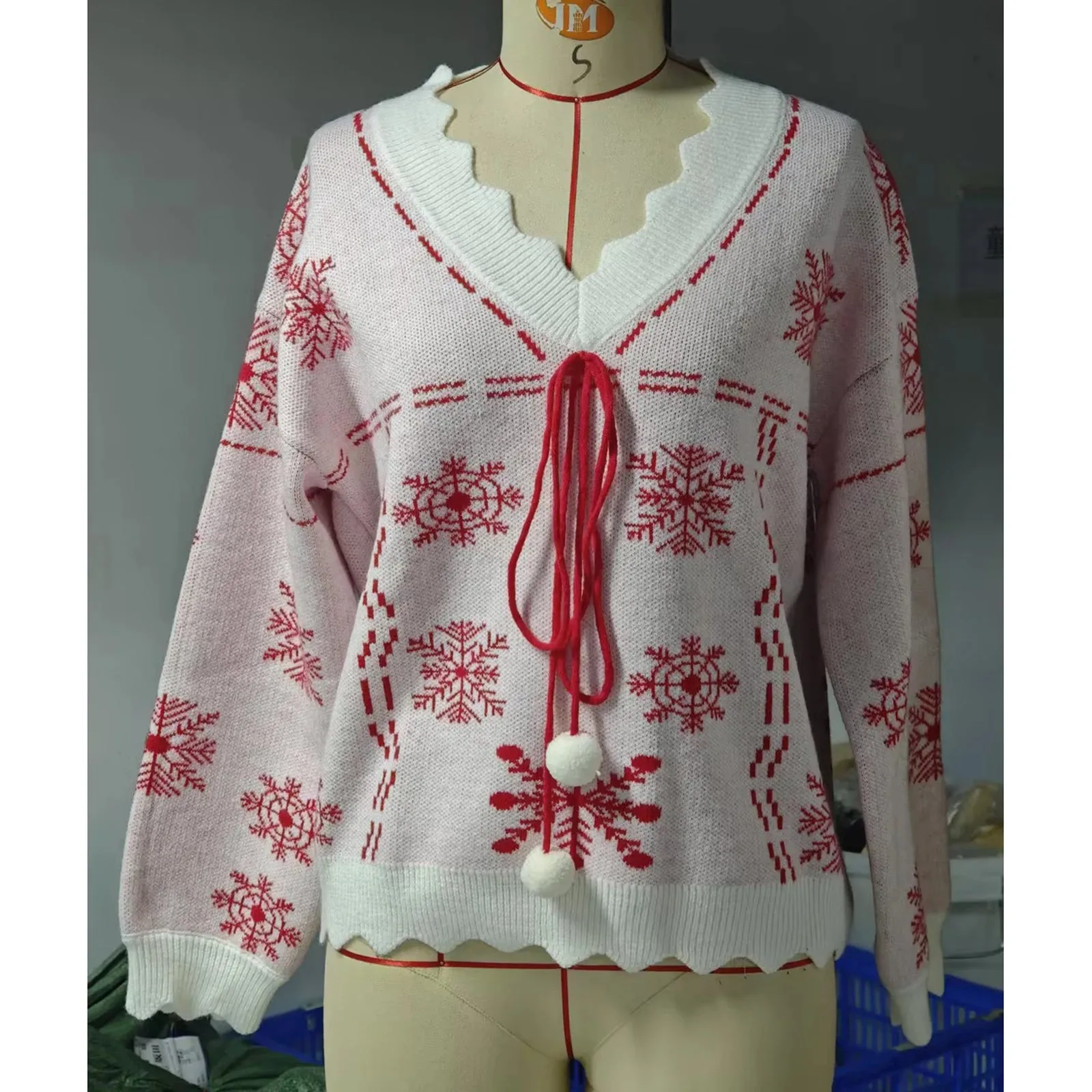 Toleet-Christmas Snowflake Sweaters Bow Plush Ball Drop Shoulder Long Sleeve V-Neck Ribbed Knitted Pullovers Tops Women's Jumpers