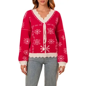 Toleet-Christmas Snowflake Sweaters Bow Plush Ball Drop Shoulder Long Sleeve V-Neck Ribbed Knitted Pullovers Tops Women's Jumpers