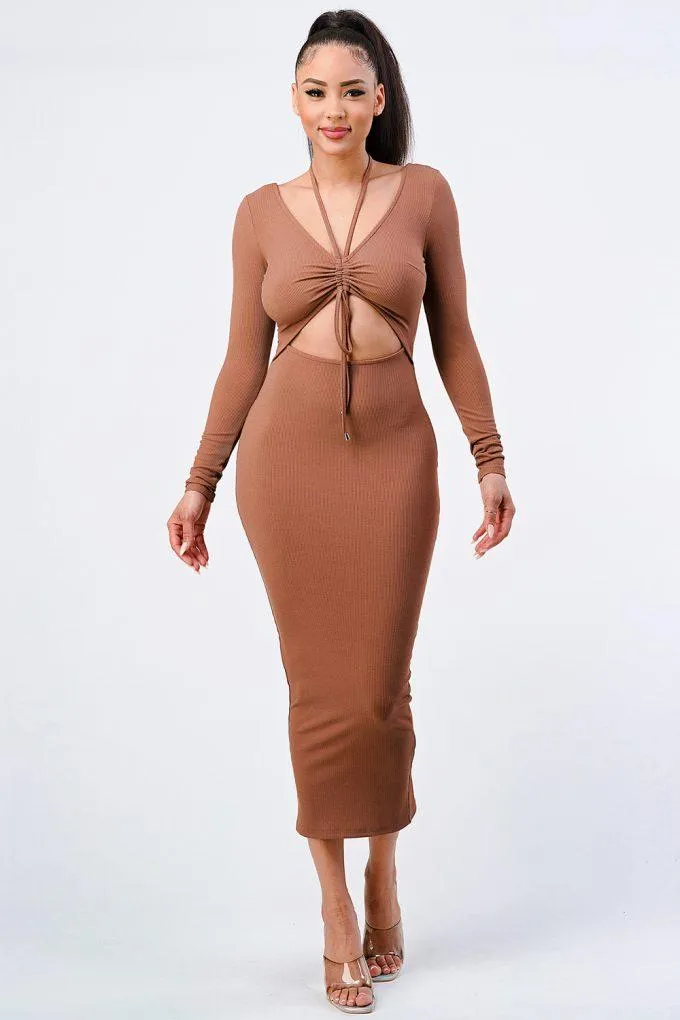 Trendy Front Shirring Cut-out Long Sleeved Dress