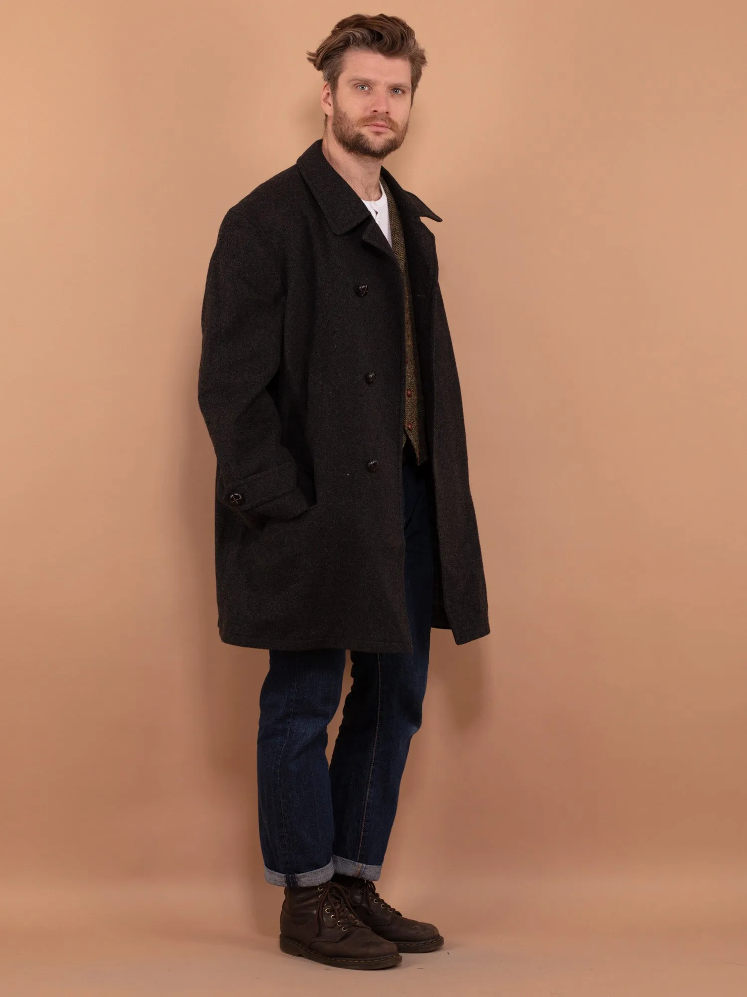 Vintage 80's Men Wool Blend Parka Coat in Grey