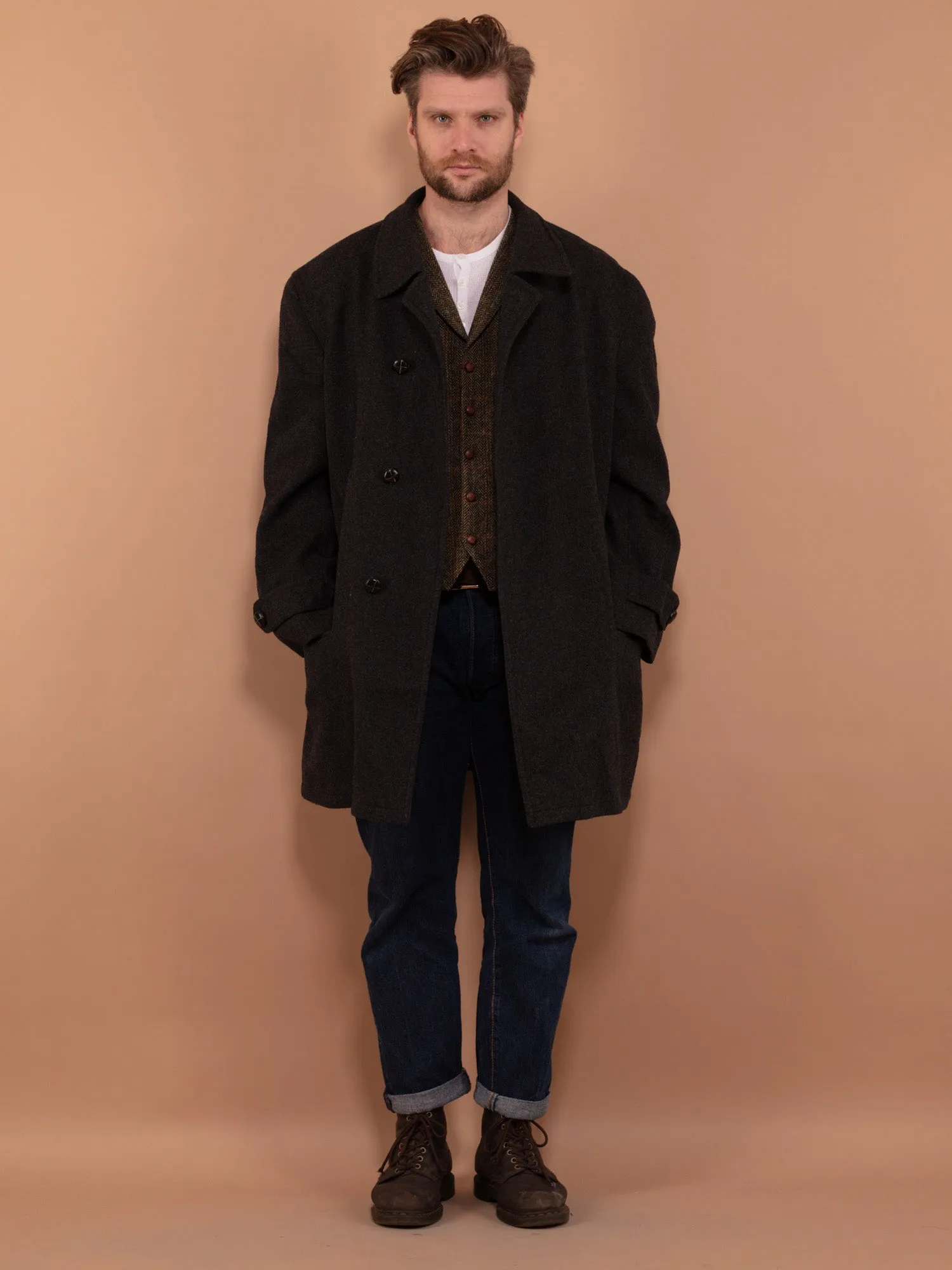 Vintage 80's Men Wool Blend Parka Coat in Grey
