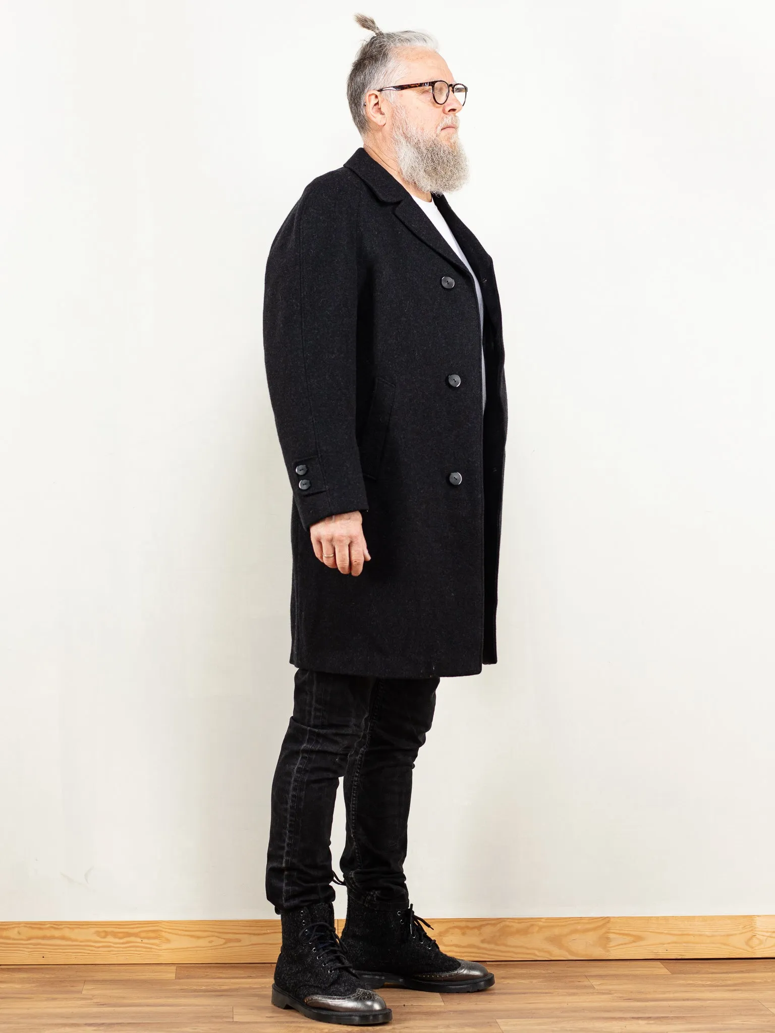 Vintage 80's Men Wool Coat in Dark Grey