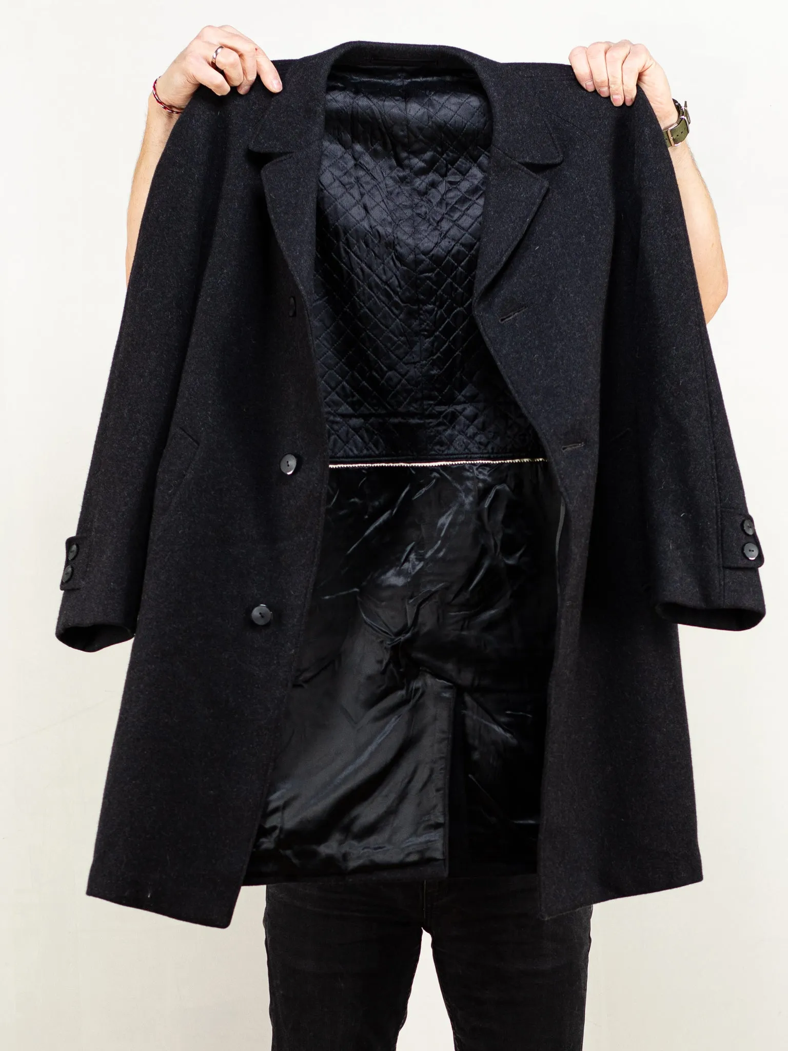 Vintage 80's Men Wool Coat in Dark Grey