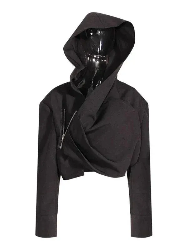 Wenkouban-Winter outfits Christmas Black Friday Black Fold Side Zipper Short Hooded Jacket