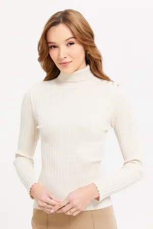 Women Beige Jacquard Long Sleeves Pullover