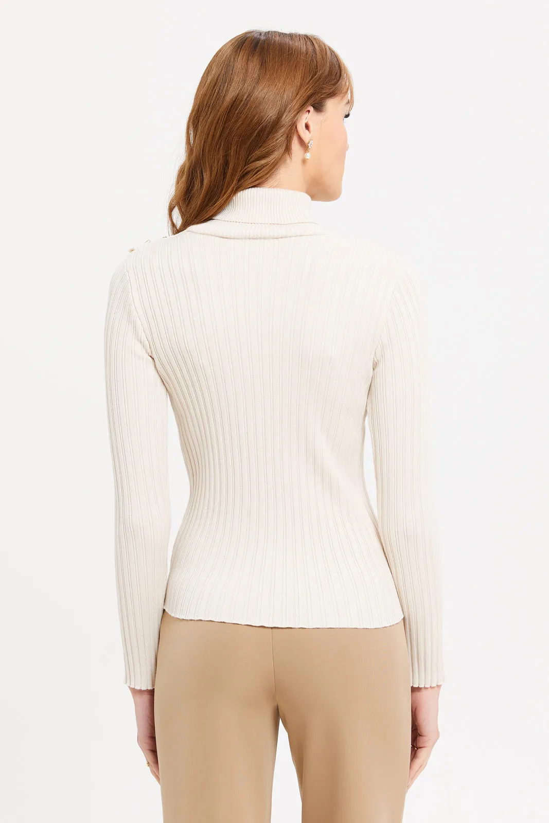 Women Beige Jacquard Long Sleeves Pullover